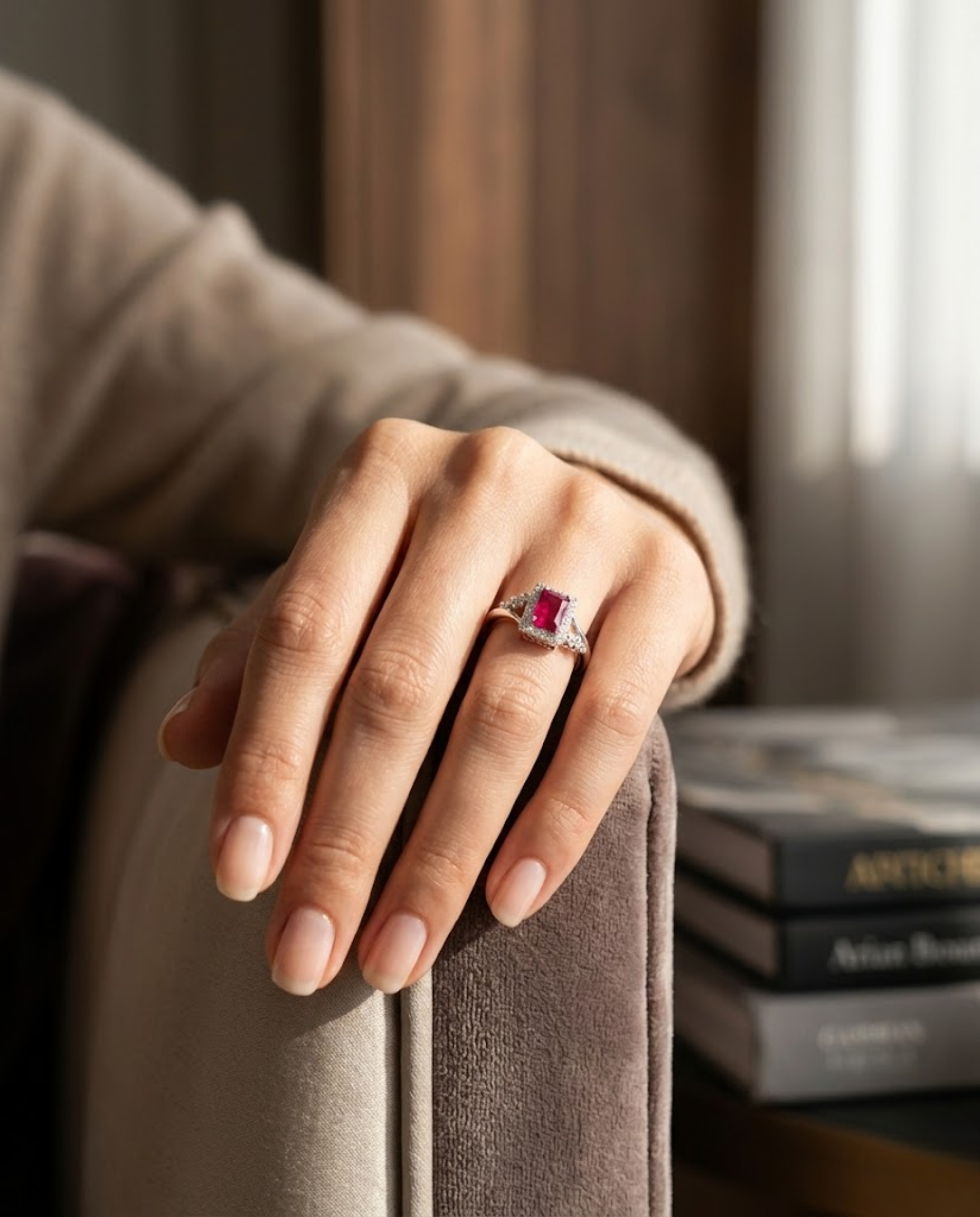 Orneza Ruby Red Zirconia Silver Halo Statement Ring
