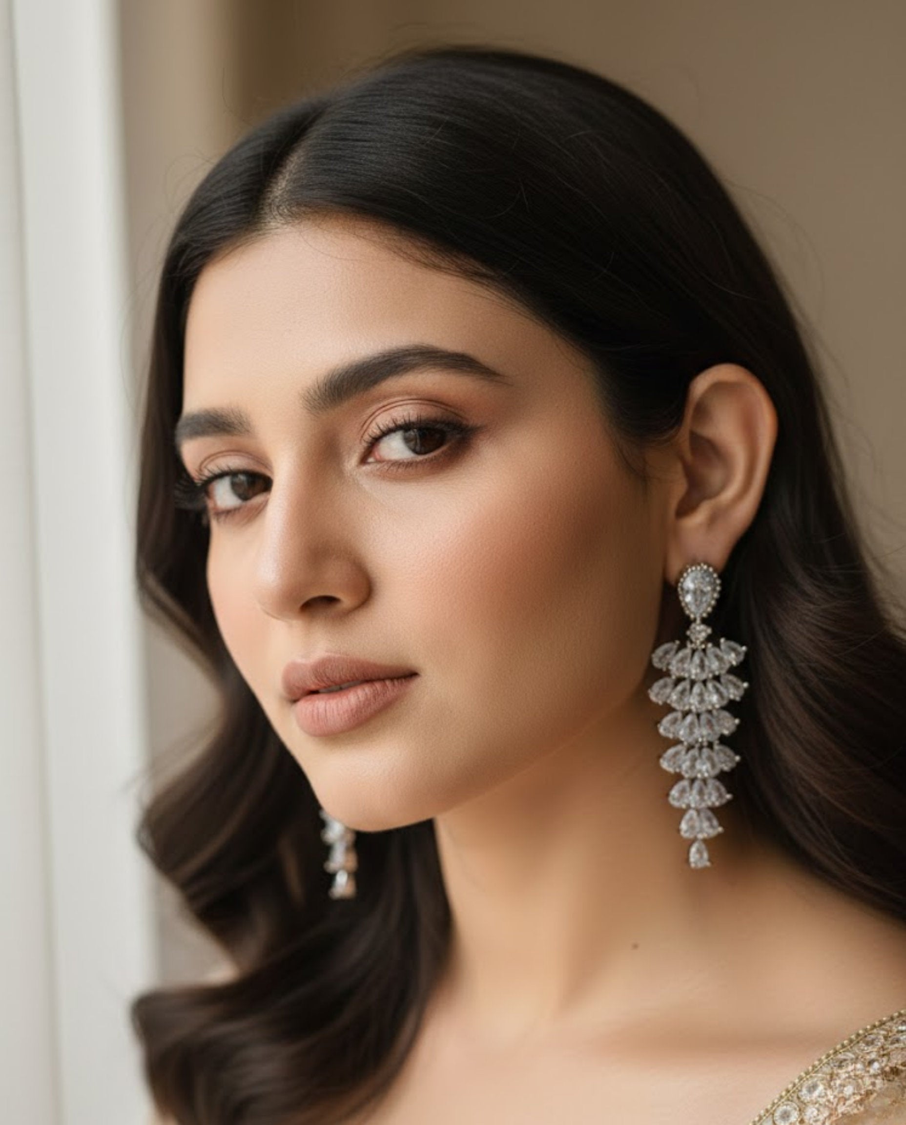 Orneza Rose Gold Majestic Pear Drop Chandelier Earrings