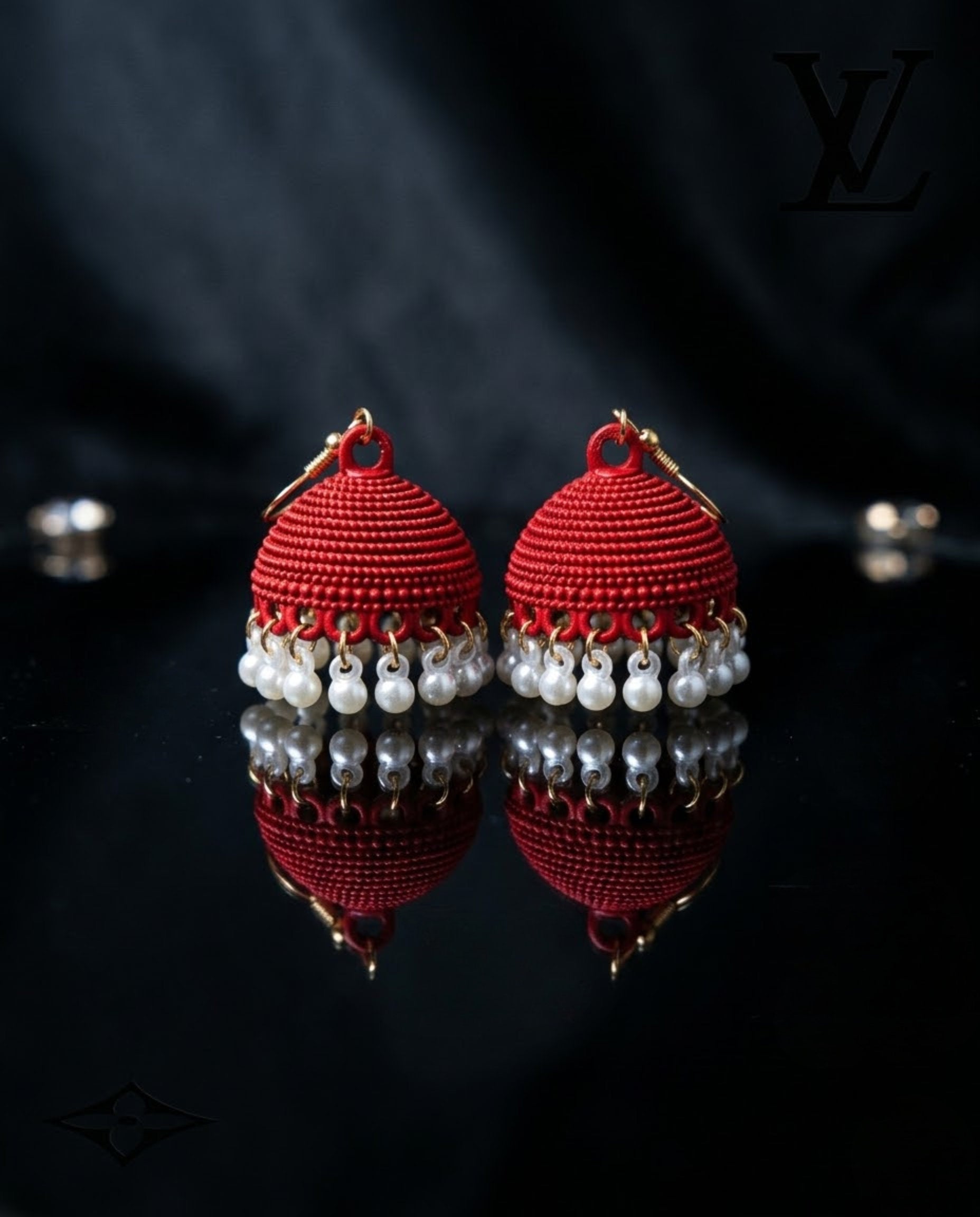 Orneza Crimson Silk Thread Jhumkas with Pearl Droplets