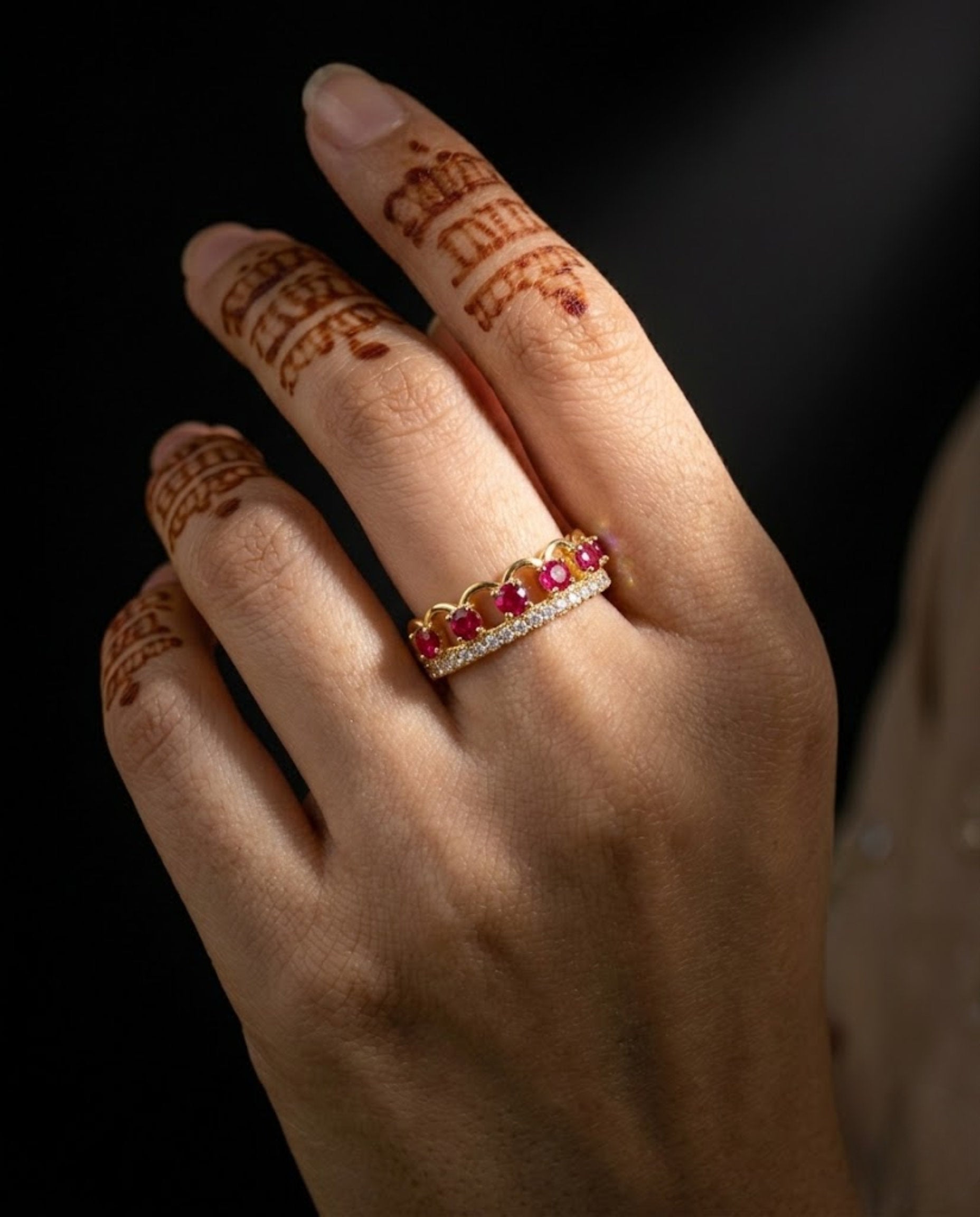 Orneza Gold Crown Adjustable Ring with Ruby Red Crystals