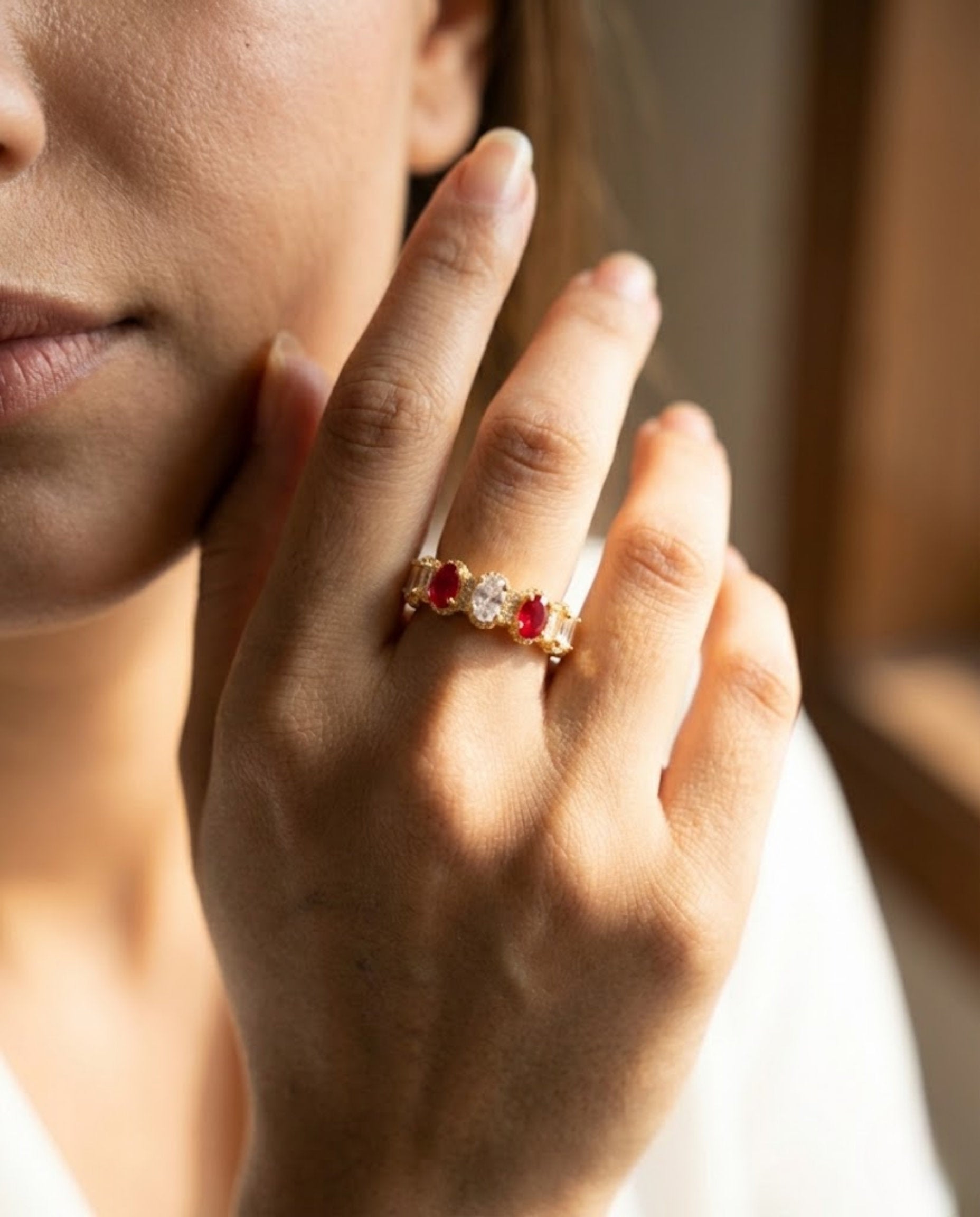 Orneza Ruby and Zirconia Gold Plated Adjustable Band Ring