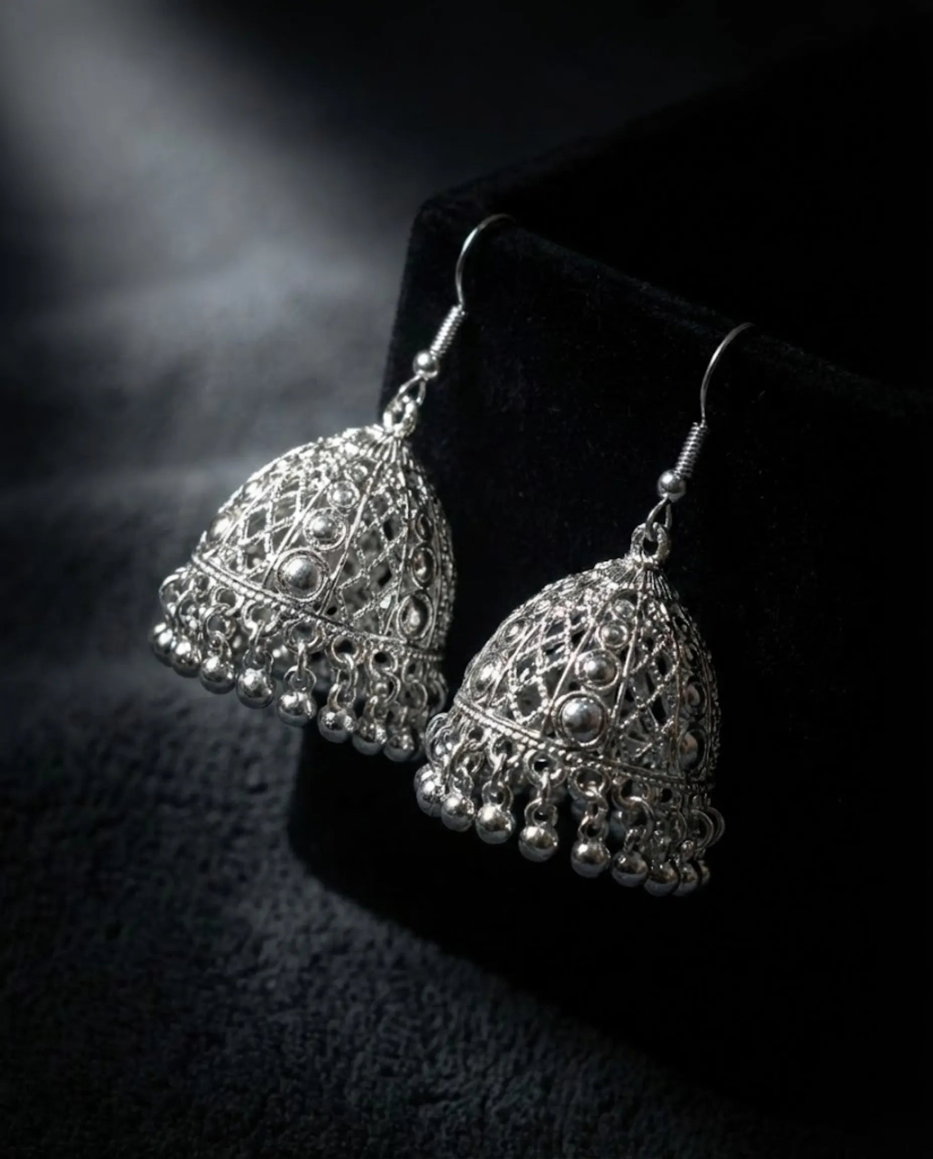 Antique Silver Filigree Jhumka Earrings by Orneza