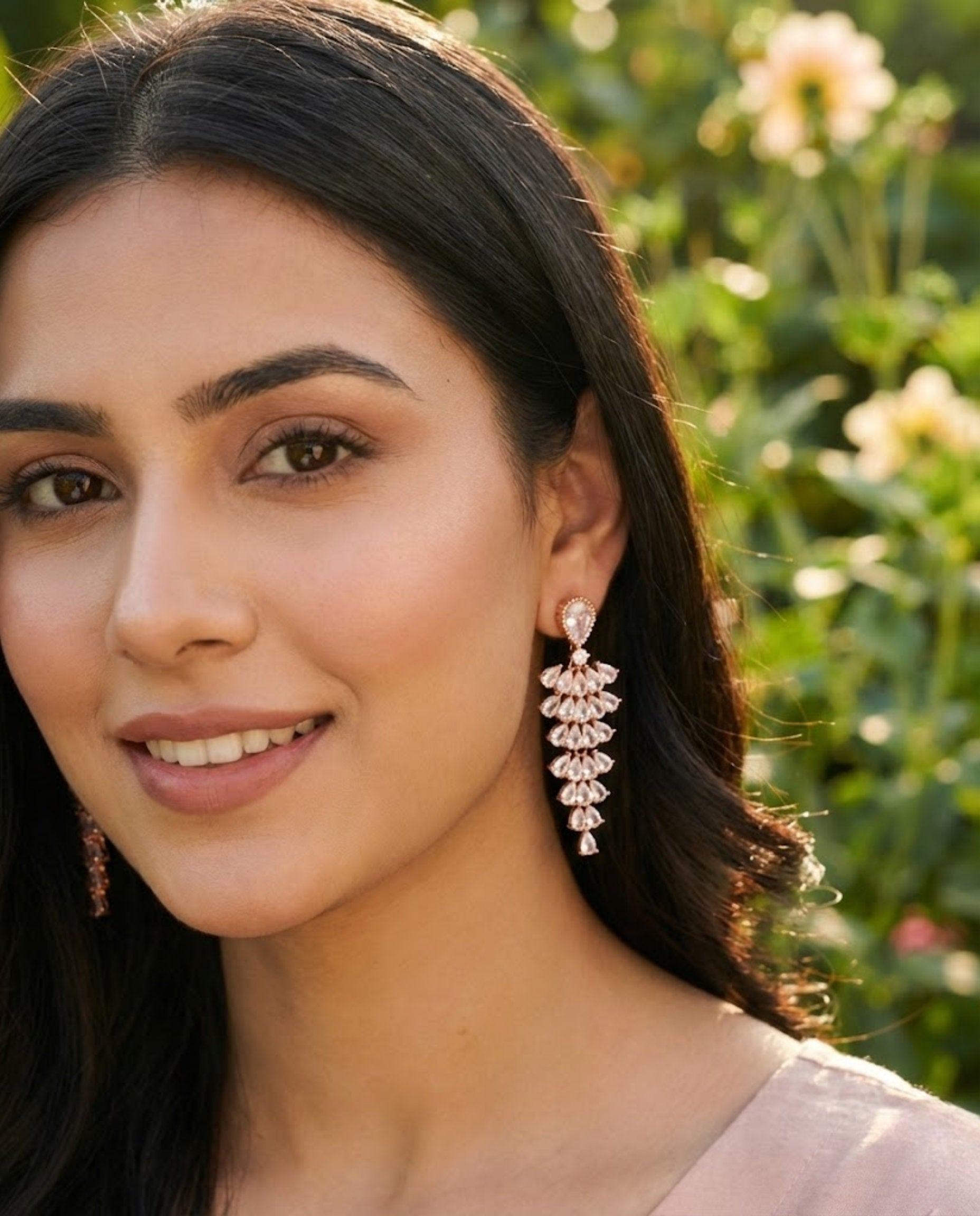 Orneza Rose Gold Majestic Pear Drop Chandelier Earrings
