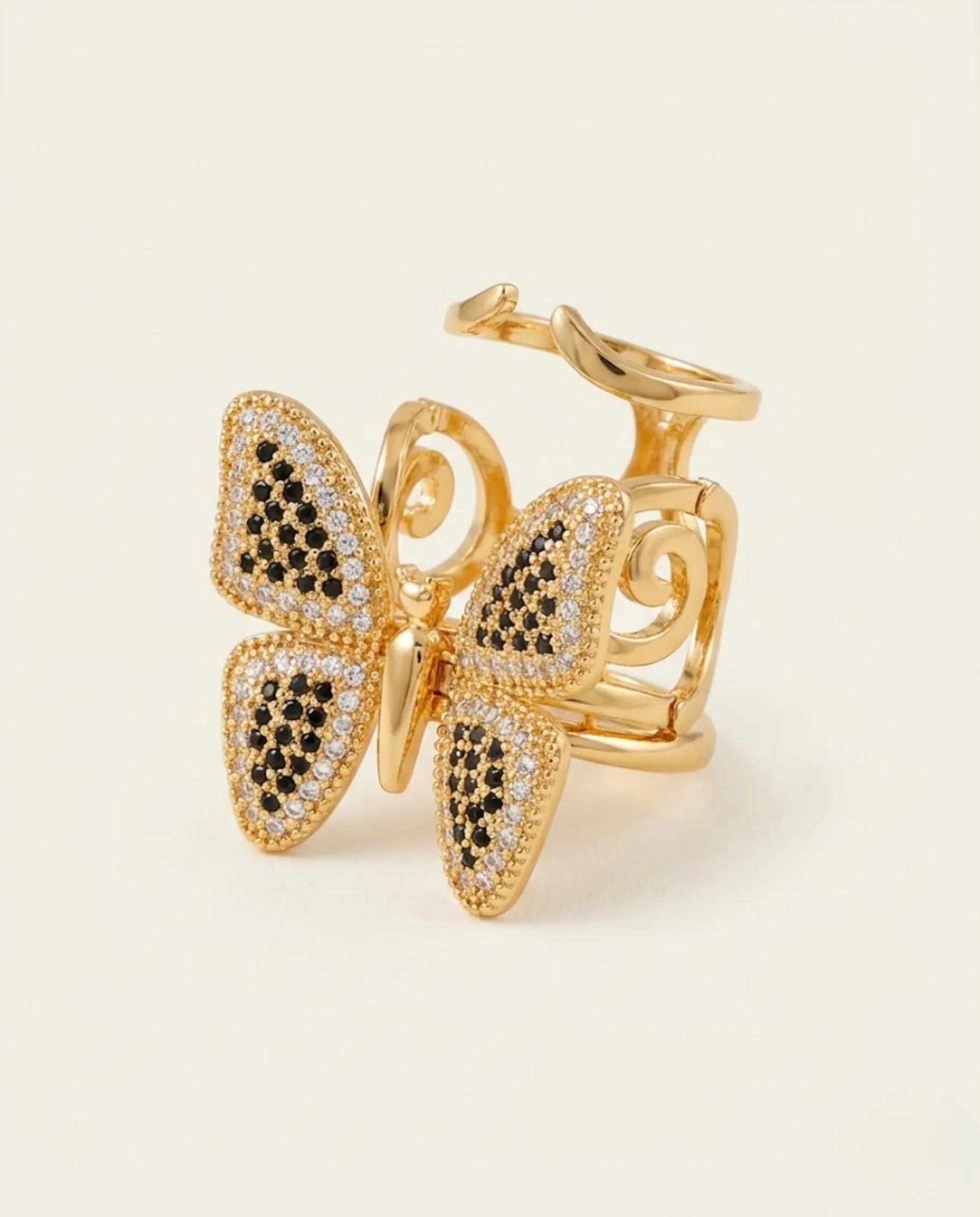 Orneza Monarch Gold Butterfly Ring with Black and Clear Stones