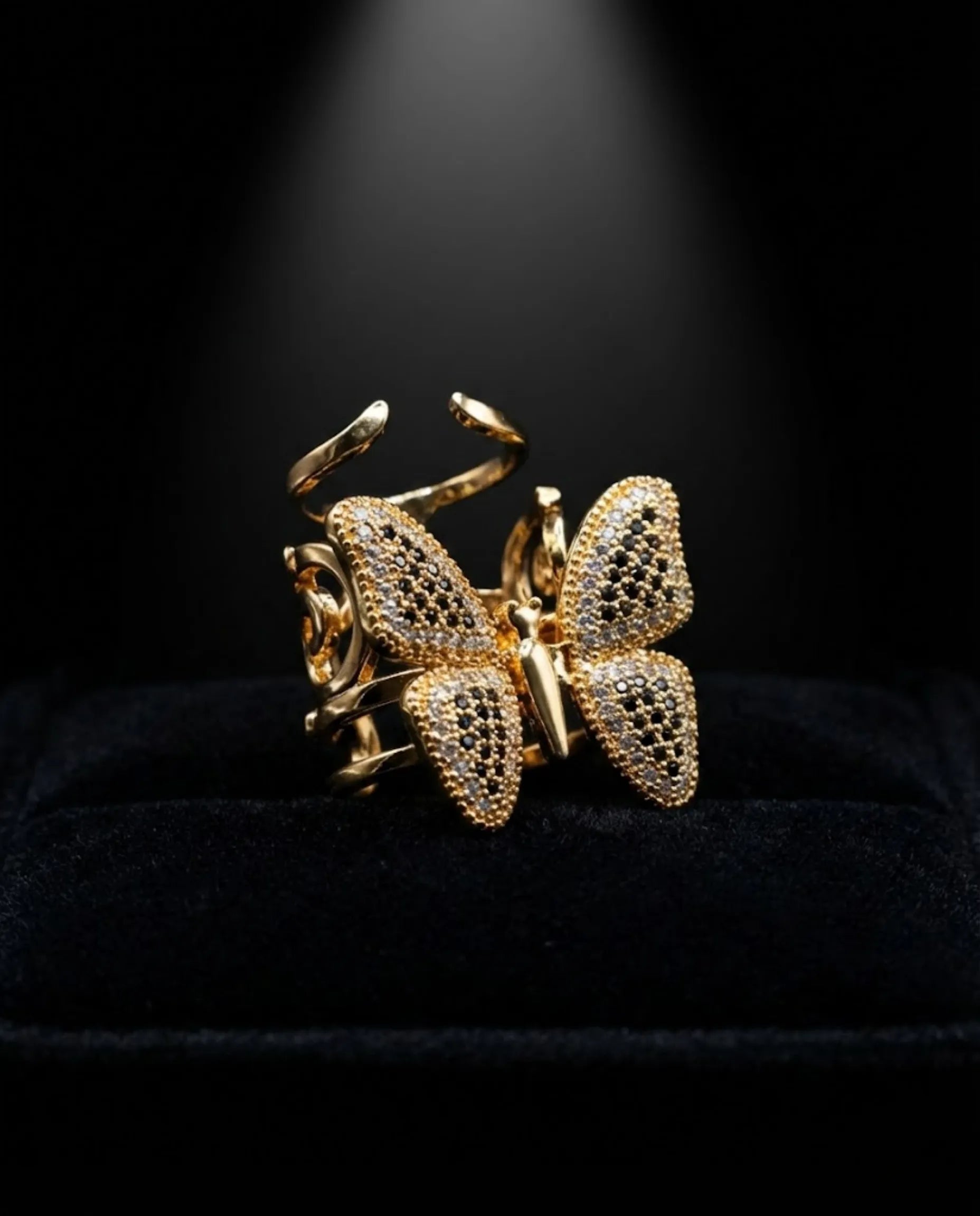 Orneza Monarch Gold Butterfly Ring with Black and Clear Stones