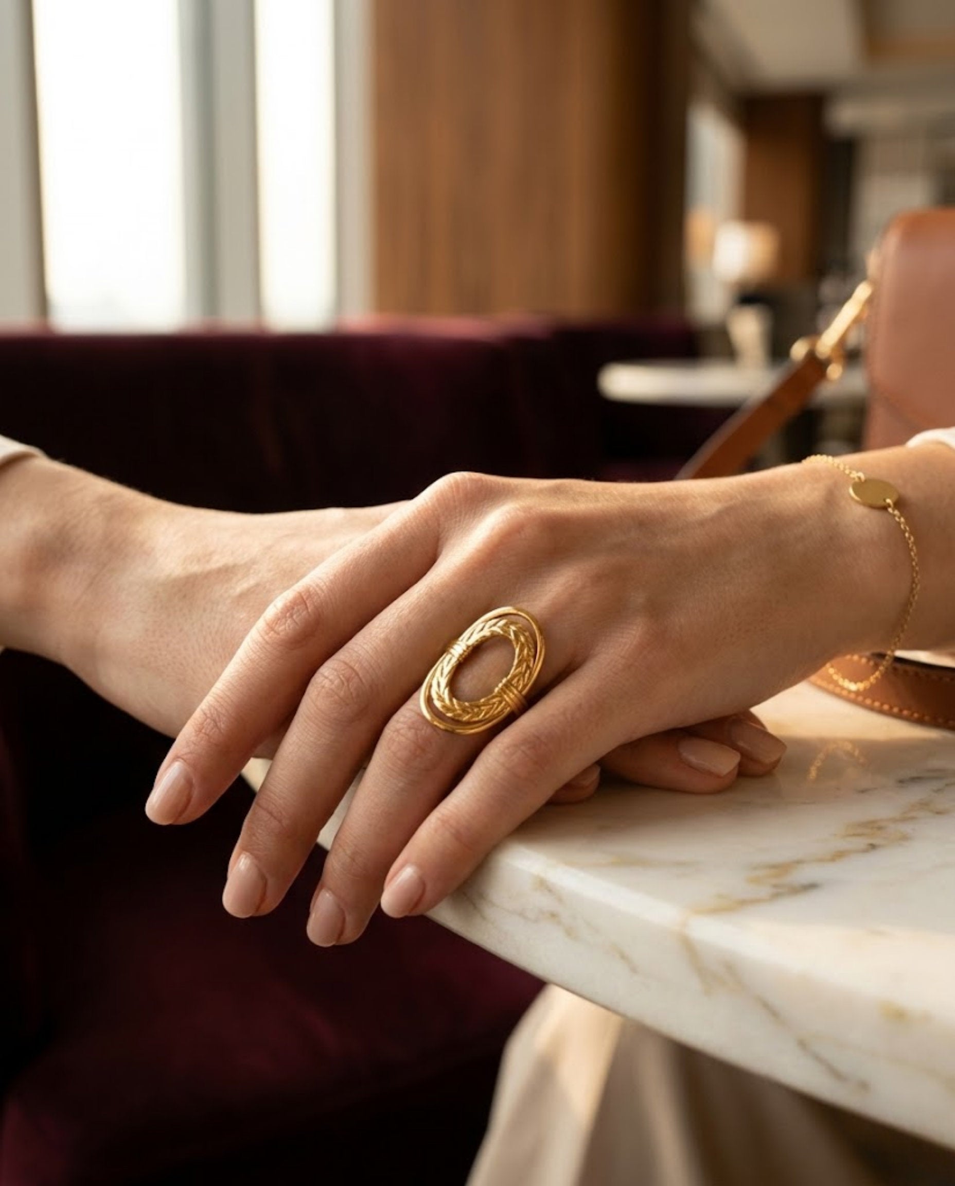 Orneza Laurel Leaf Gold Oval Statement Ring