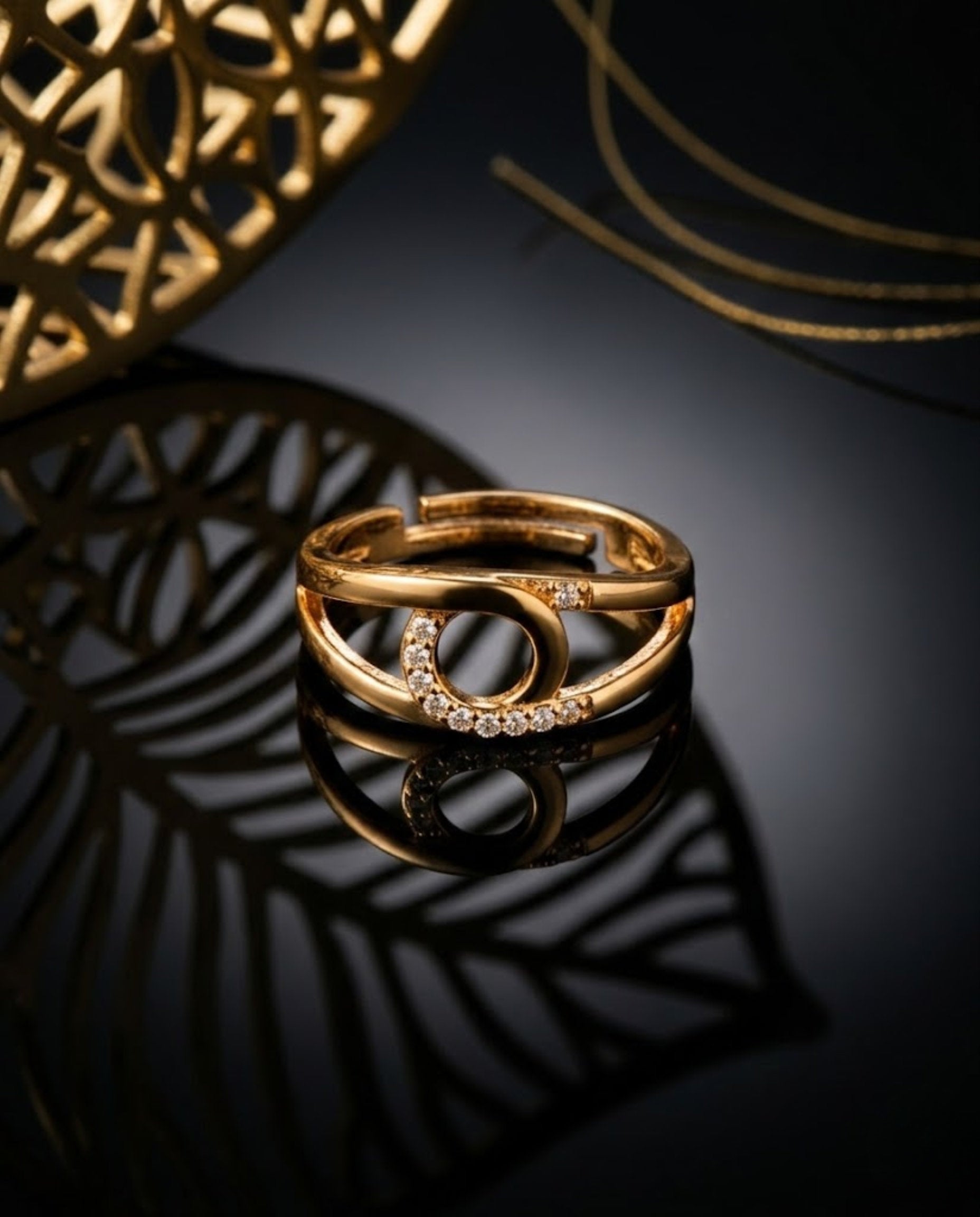 Orneza Gold Interlocking Circle Adjustable Crystal Ring