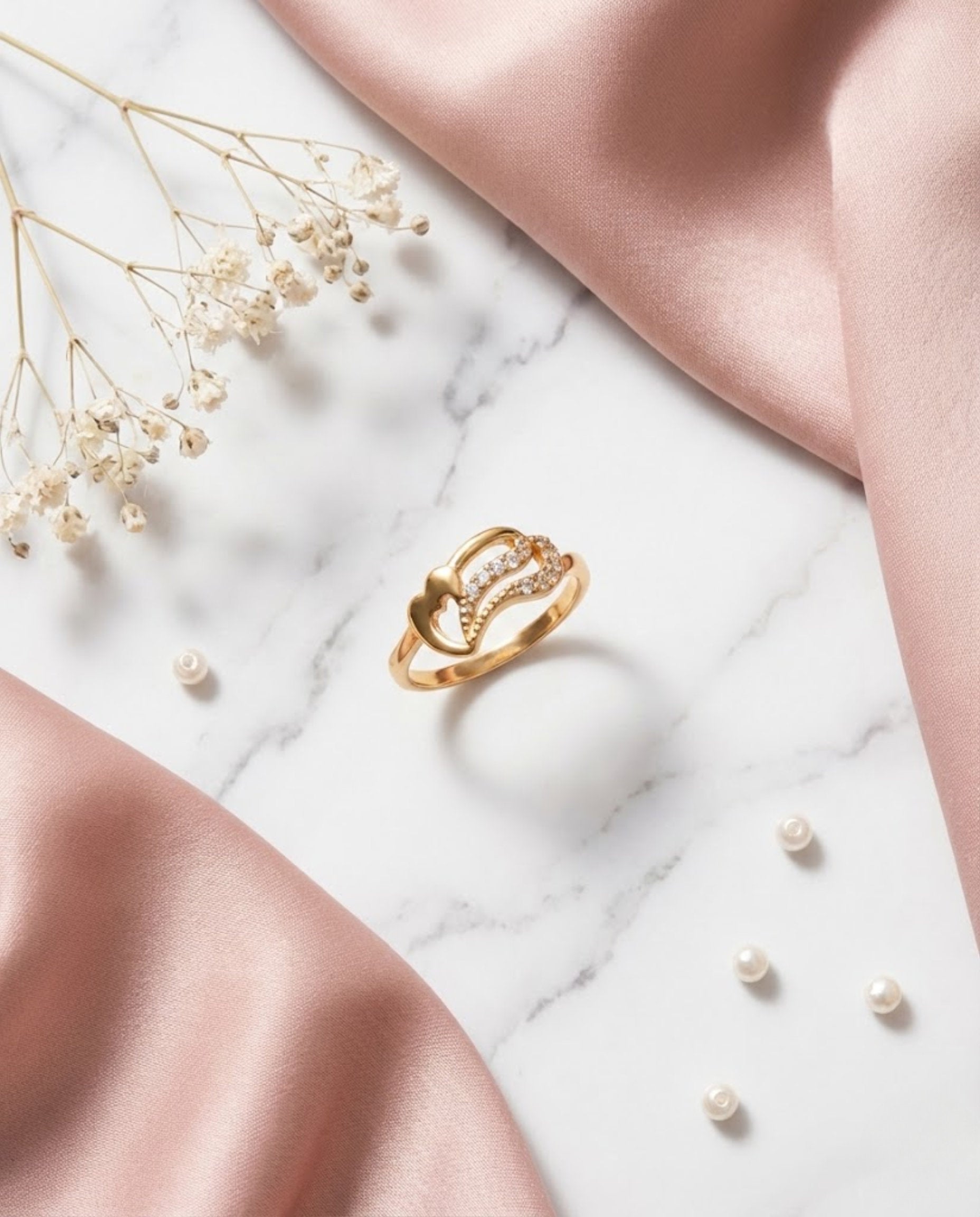 Orneza Gold Twin Heart Zirconia Statement Ring