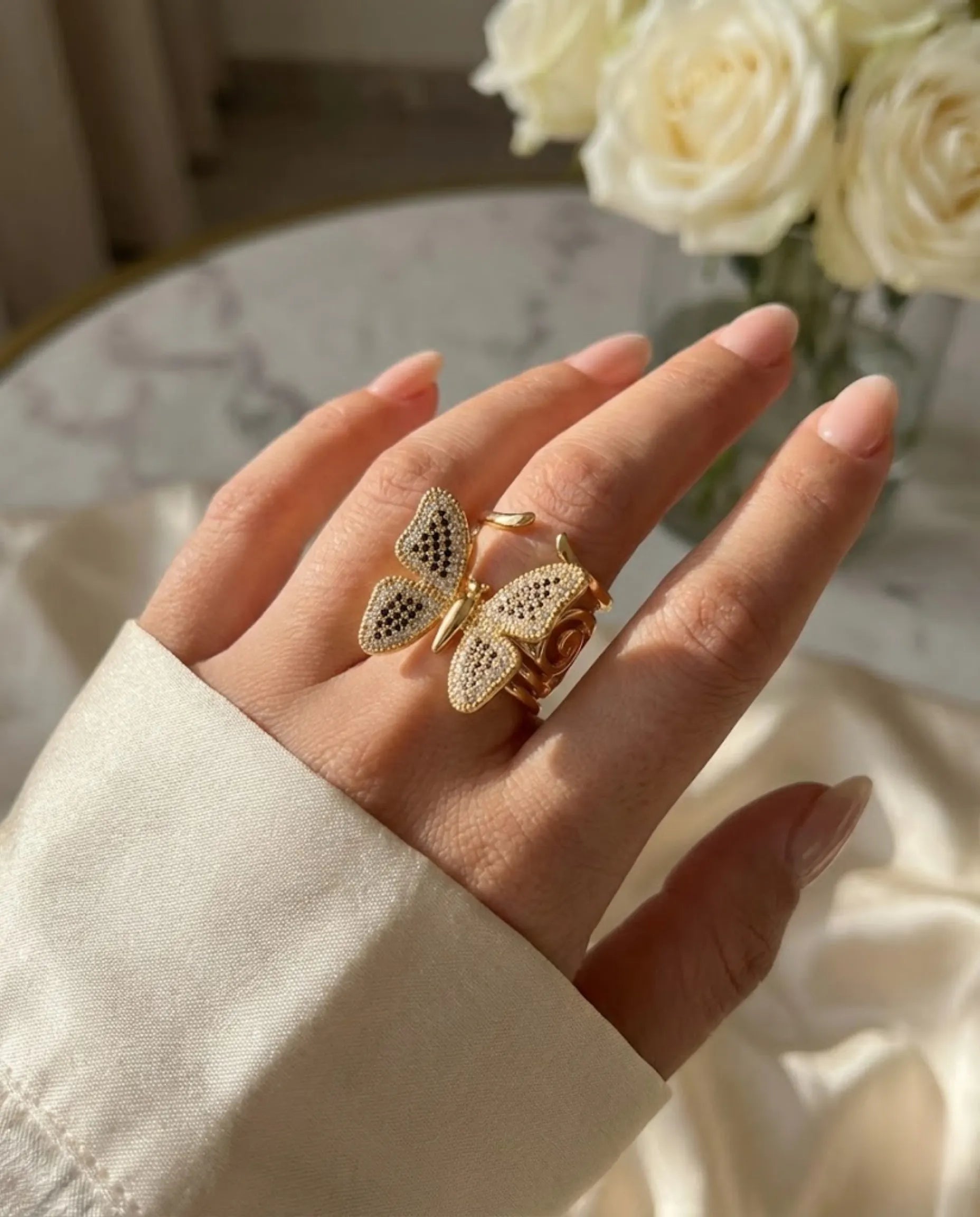 Orneza Monarch Gold Butterfly Ring with Black and Clear Stones
