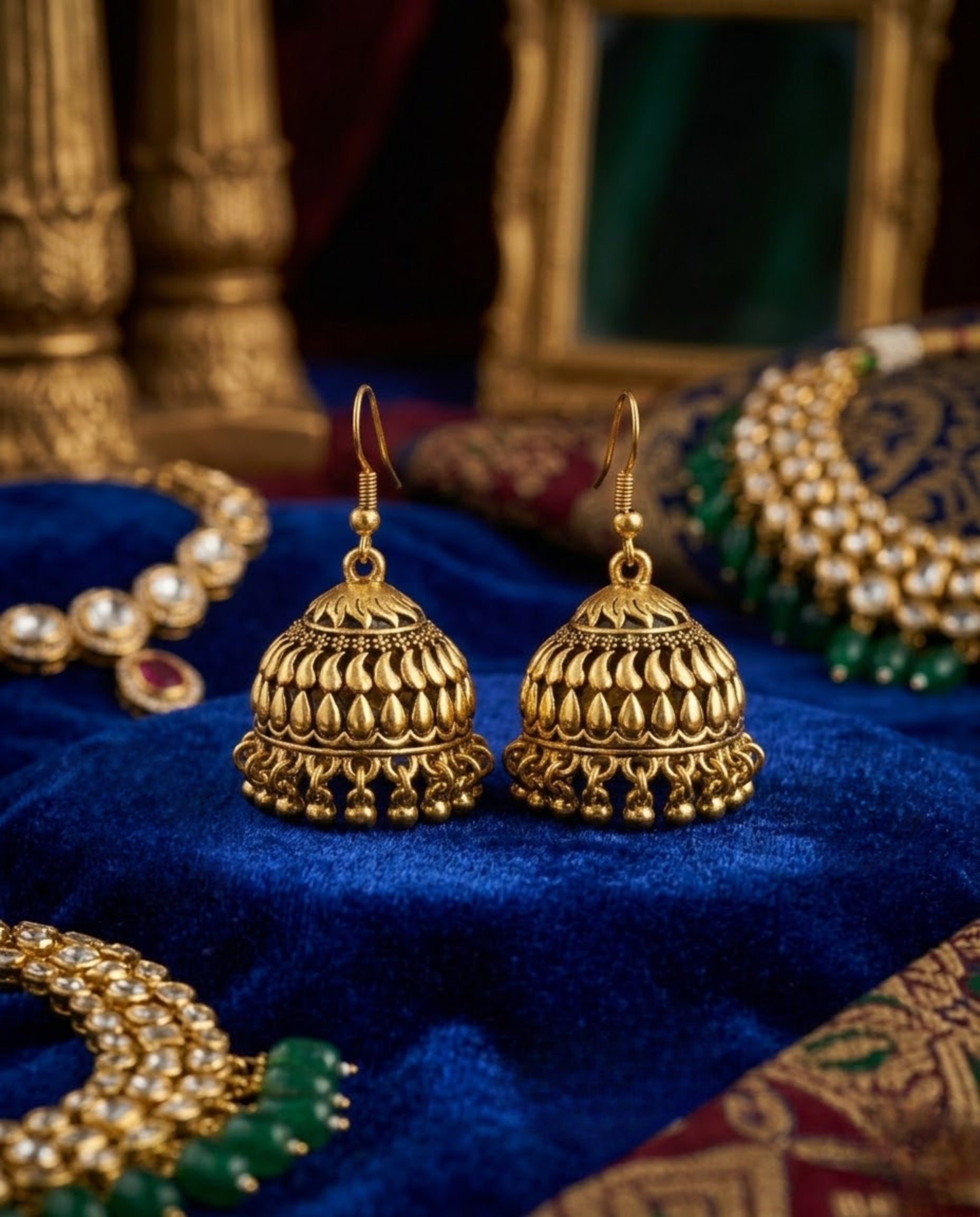 Orneza Antique Gold Textured Jhumka Earrings