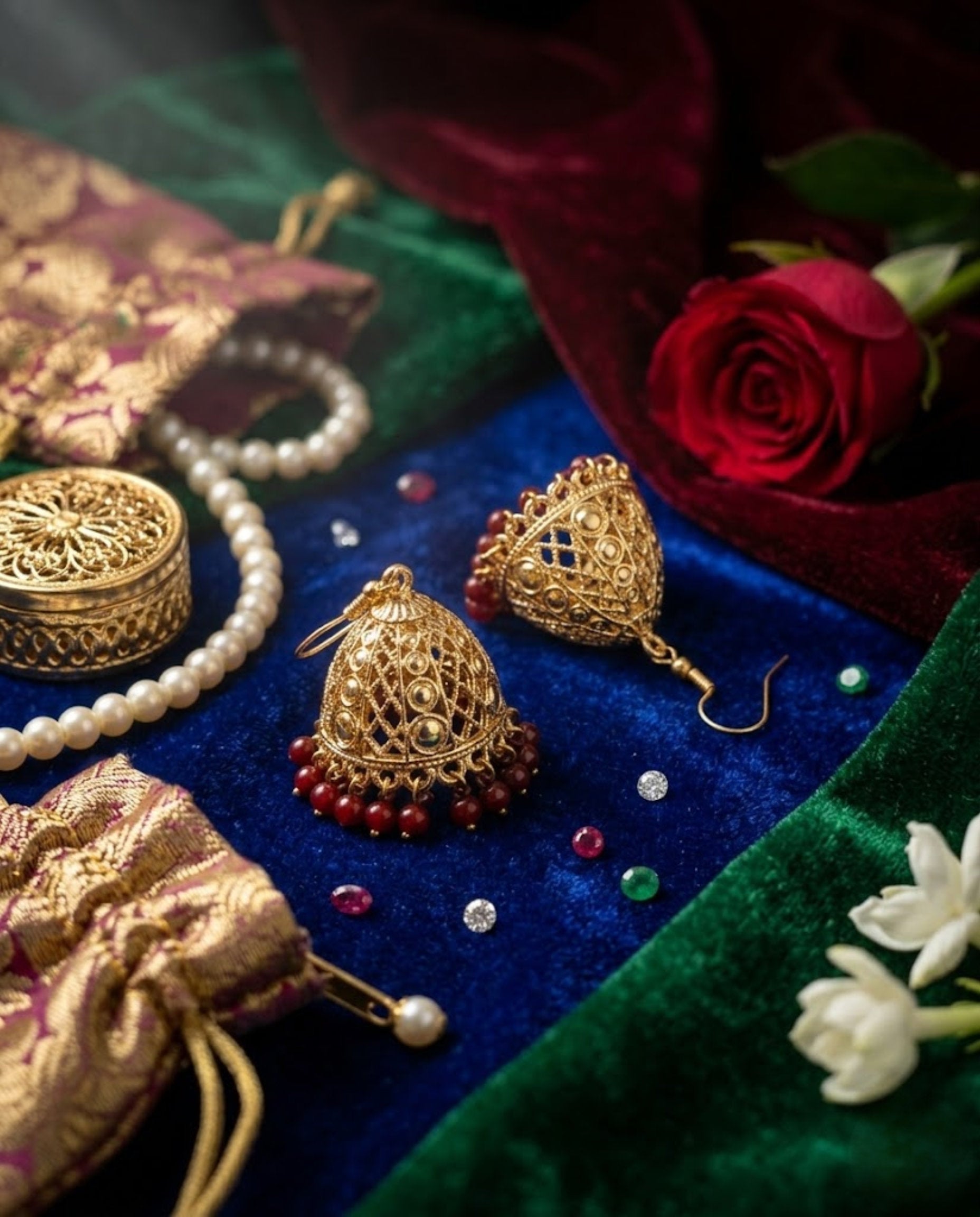 Orneza Gold Filigree Jhumka Earrings with Ruby Red Beads