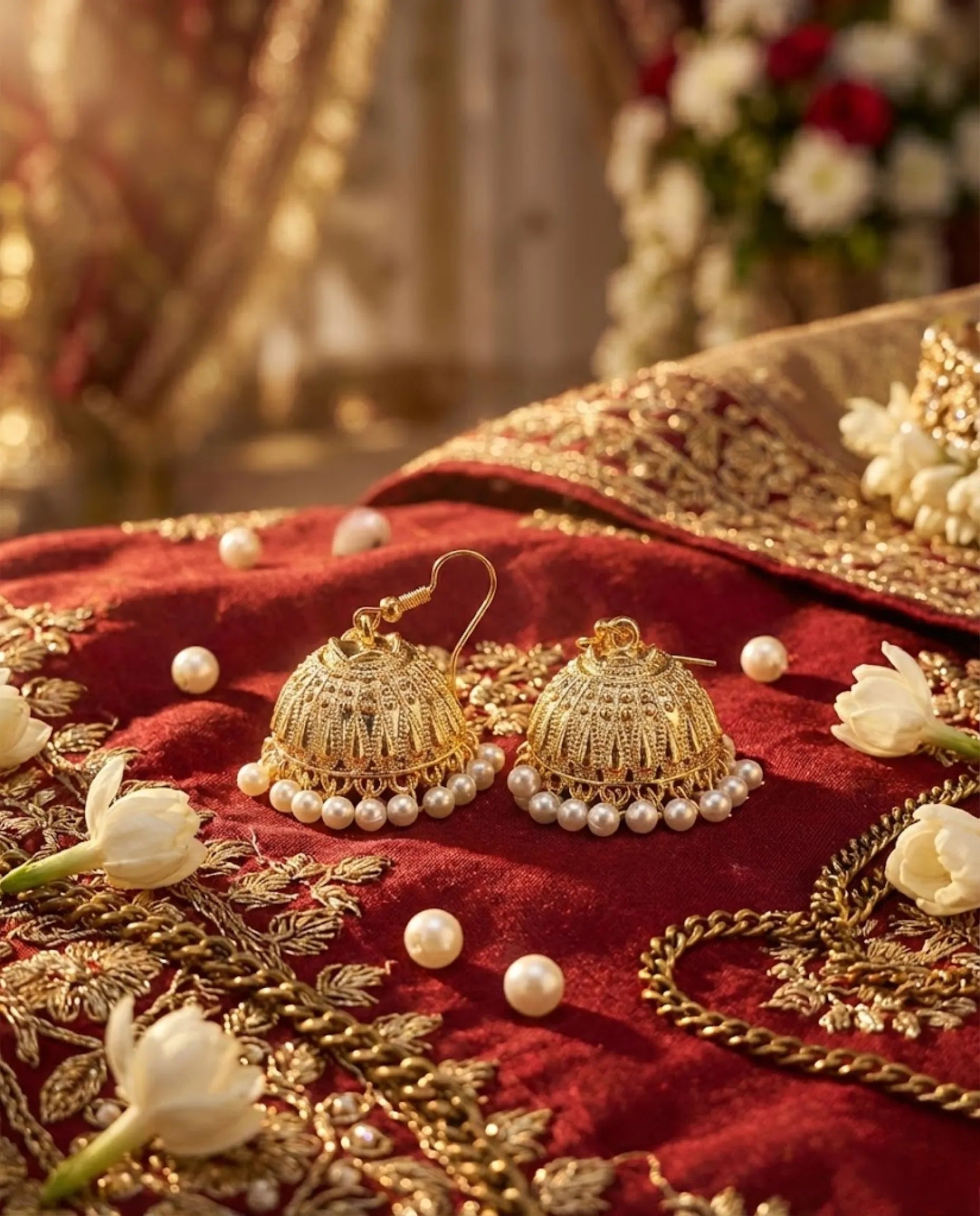 Orneza Gold Plated Square Jhumka Earrings with Ruby Drops