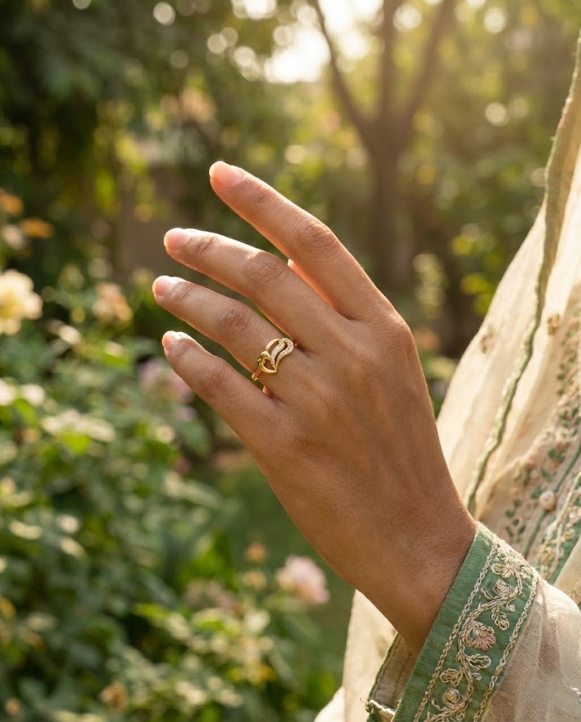 Orneza Gold Twin Heart Zirconia Statement Ring