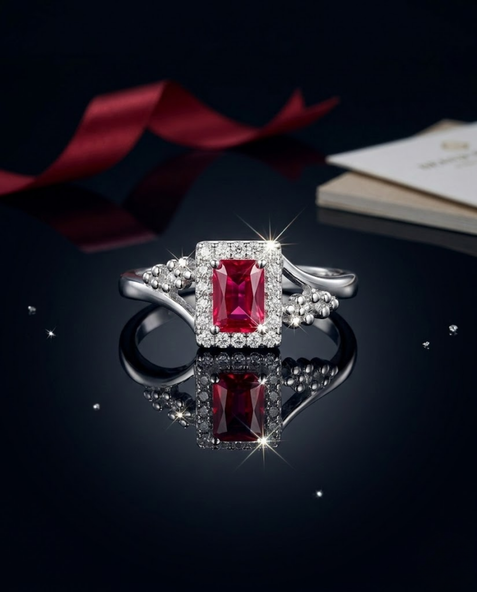 Orneza Ruby Red Zirconia Silver Halo Statement Ring