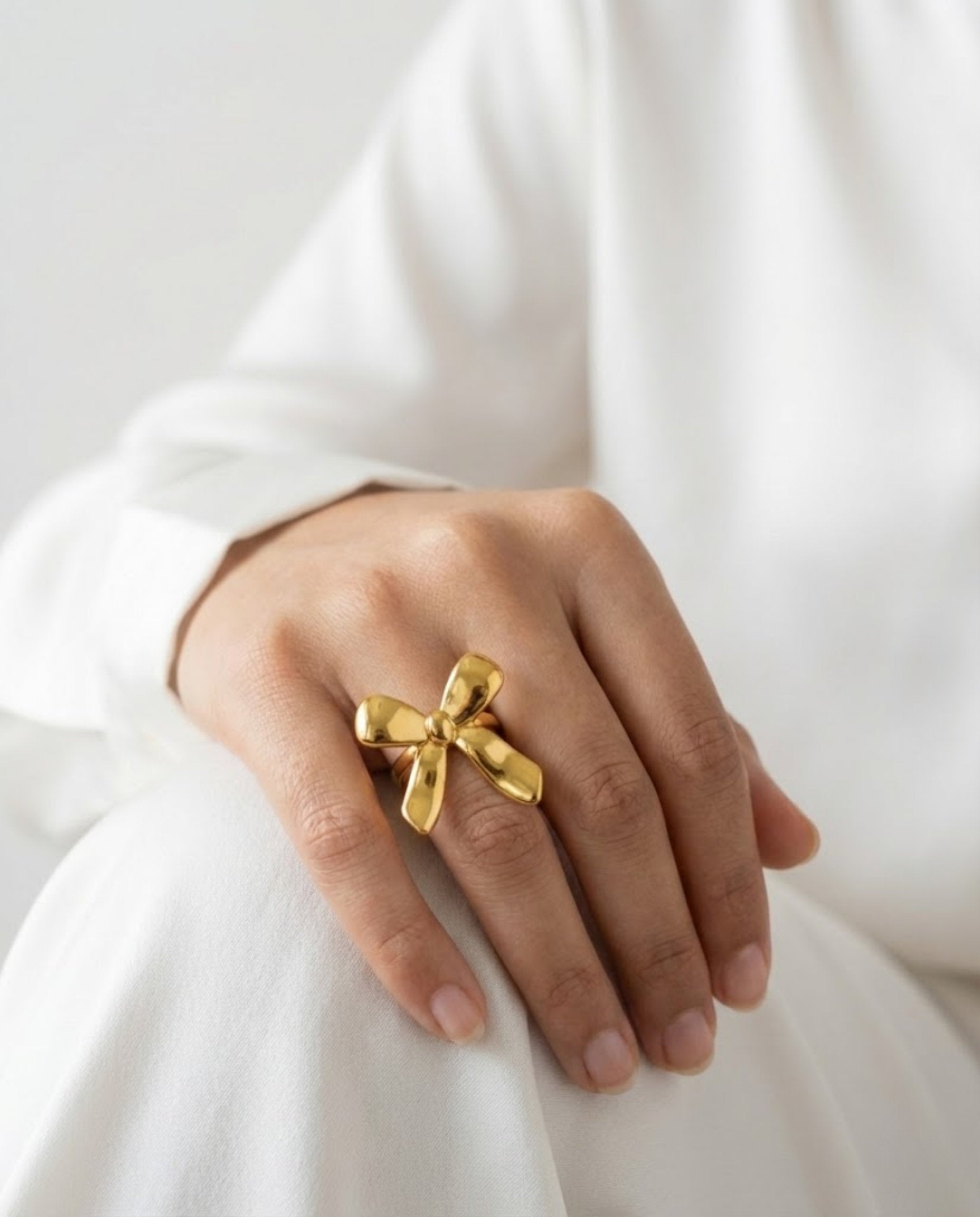 Orneza Gold Plated Sculptural Bow Adjustable Statement Ring
