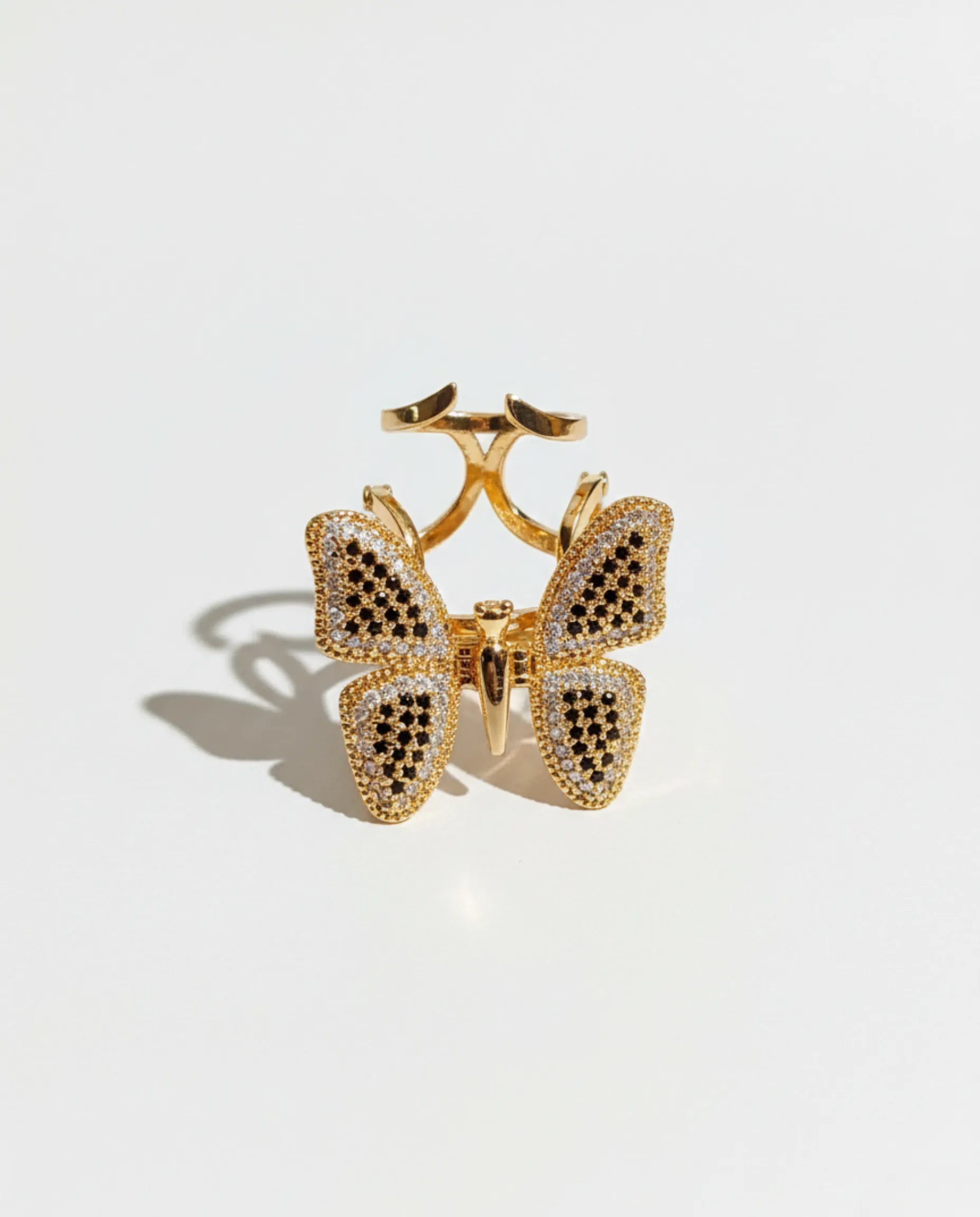 Orneza Monarch Gold Butterfly Ring with Black and Clear Stones