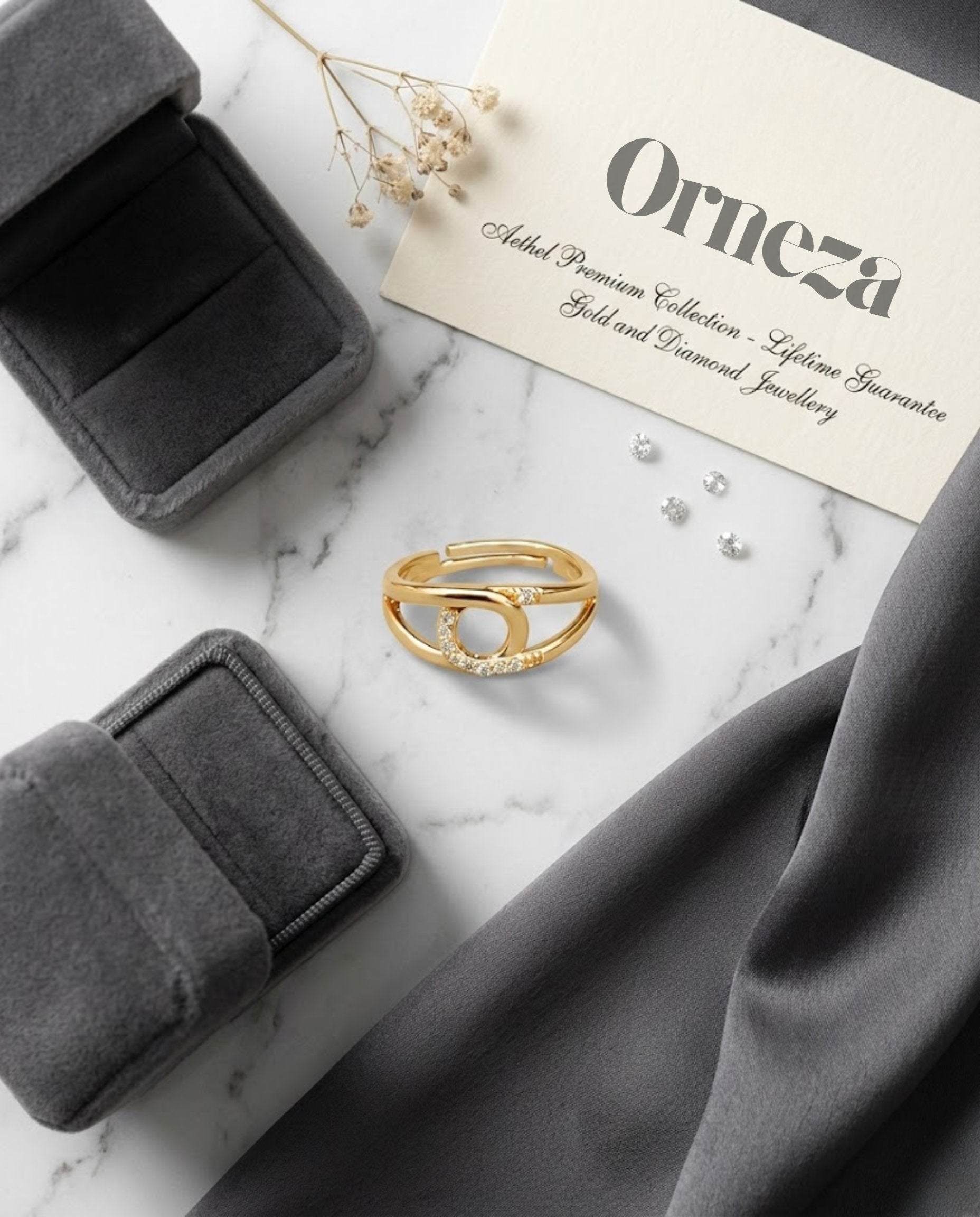 Orneza Gold Interlocking Circle Adjustable Crystal Ring
