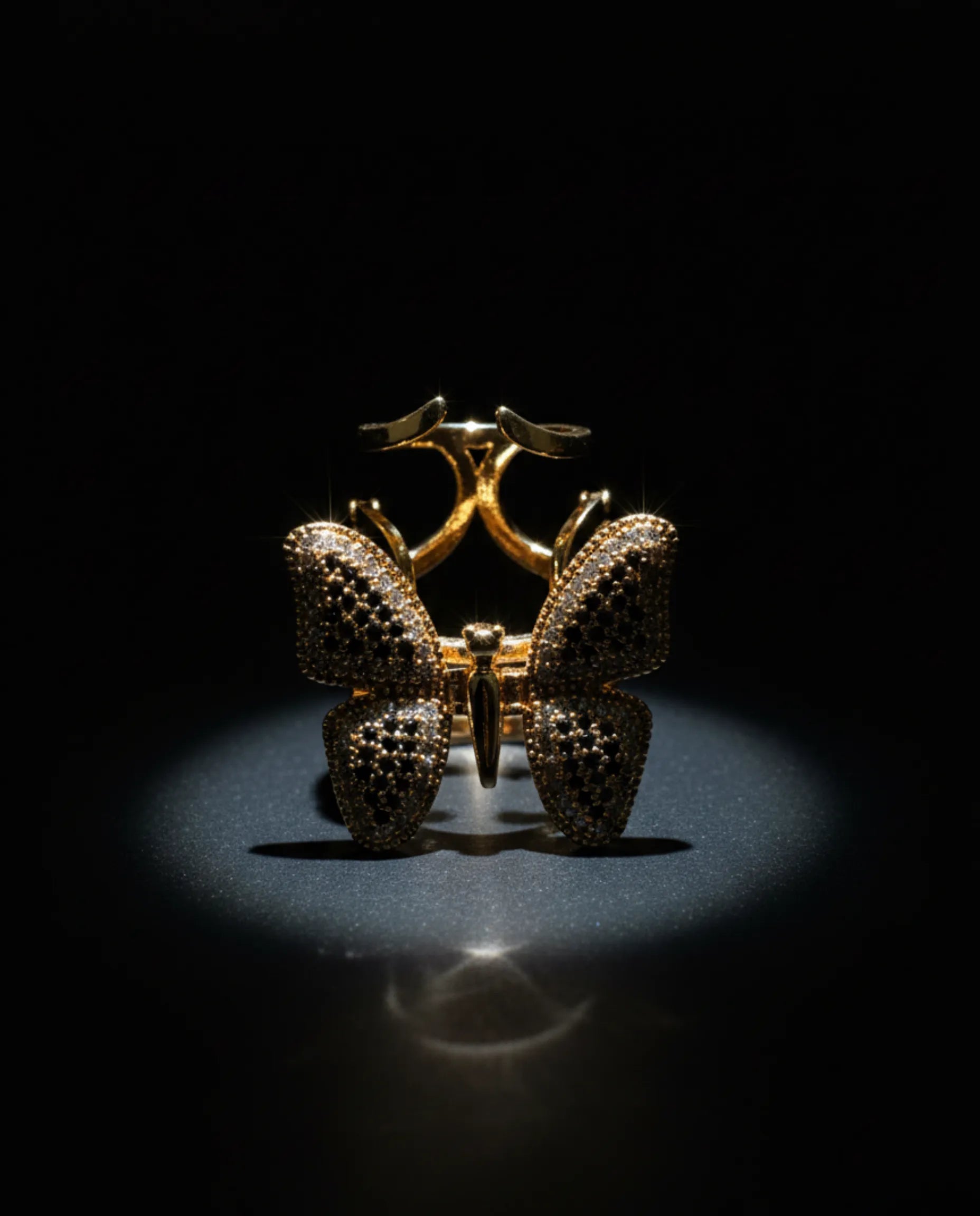 Orneza Monarch Gold Butterfly Ring with Black and Clear Stones