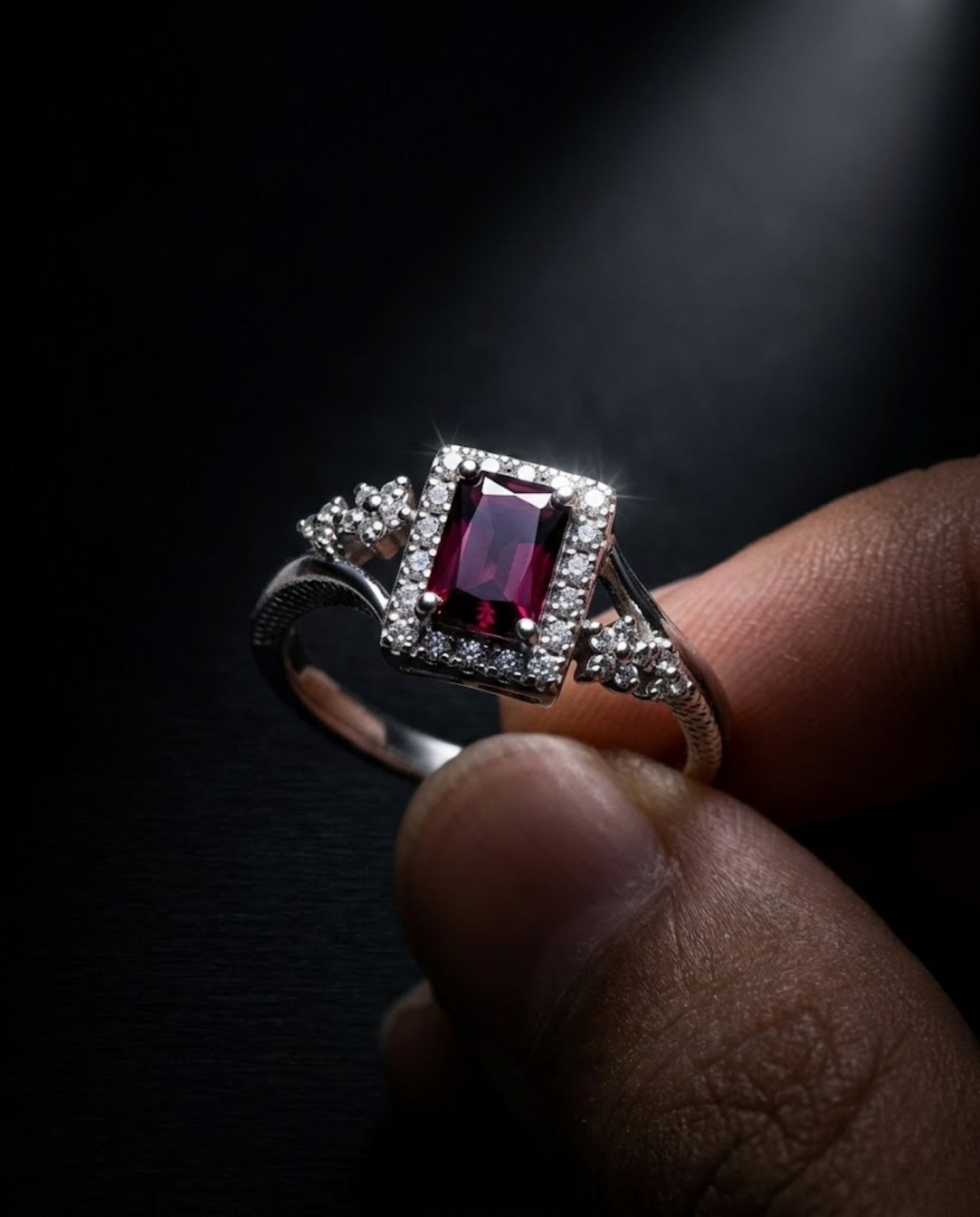 Orneza Emerald Cut Rhodolite Garnet Halo Ring in Silver