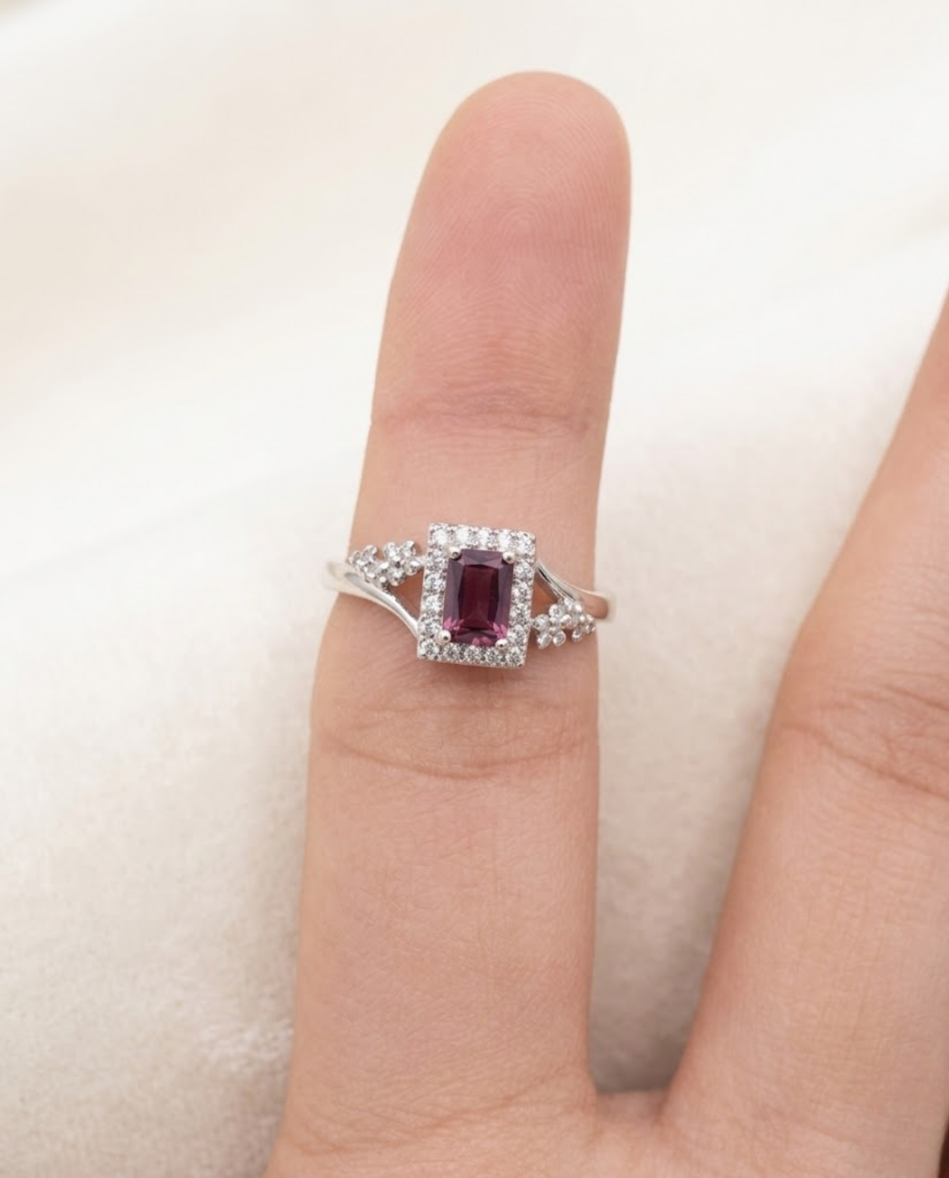 Orneza Emerald Cut Rhodolite Garnet Halo Ring in Silver