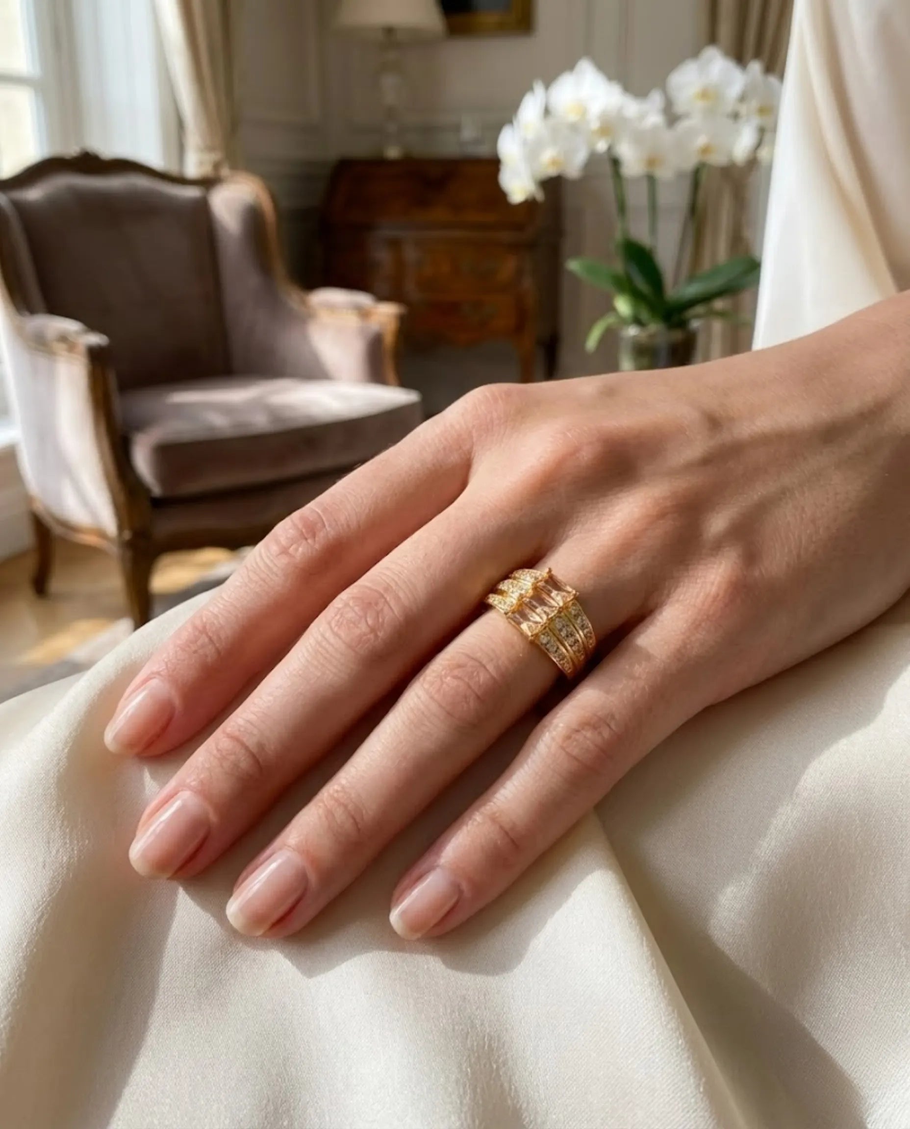 Orneza Honey Topaz Triple Tier Gold Statement Ring