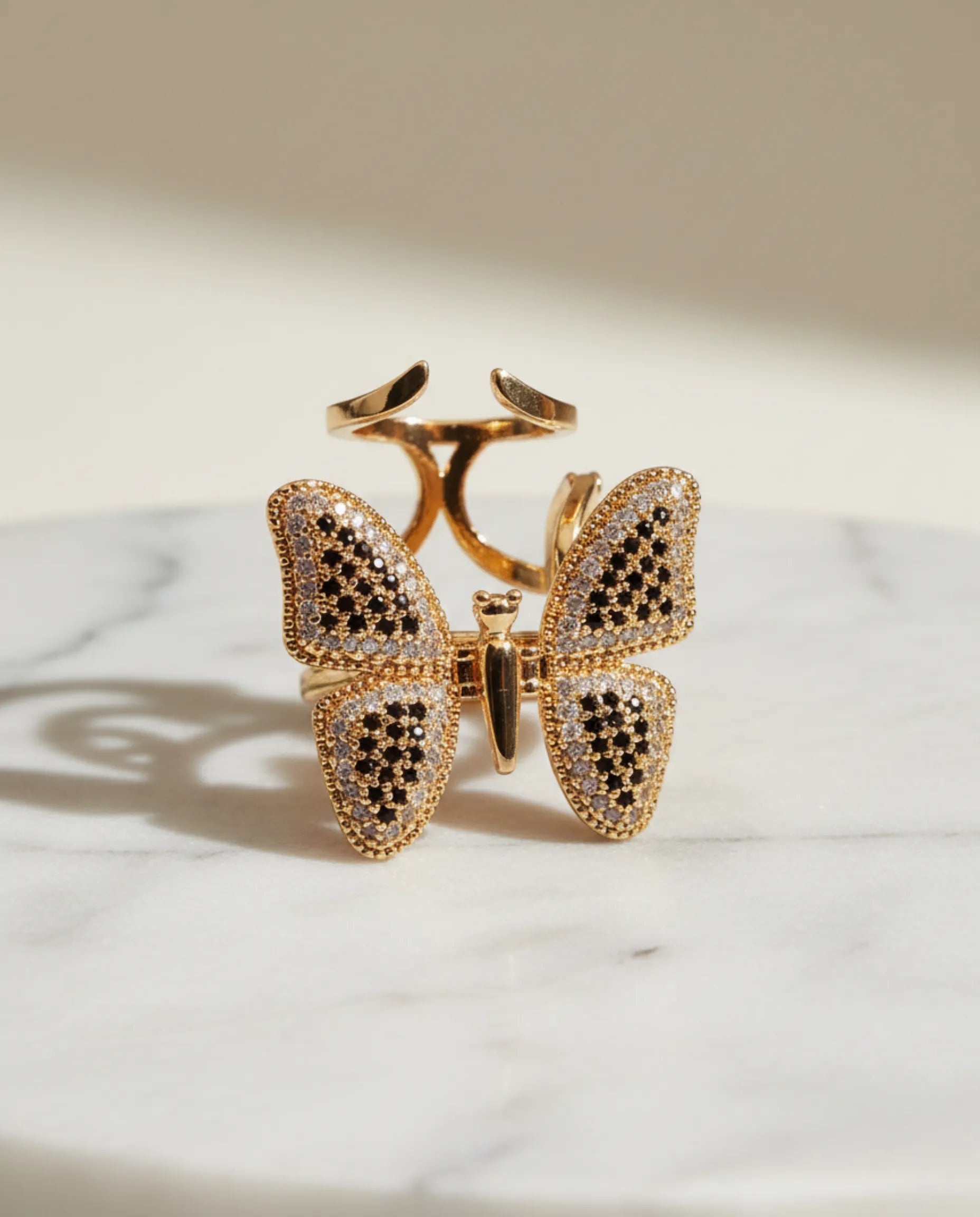 Orneza Monarch Gold Butterfly Ring with Black and Clear Stones