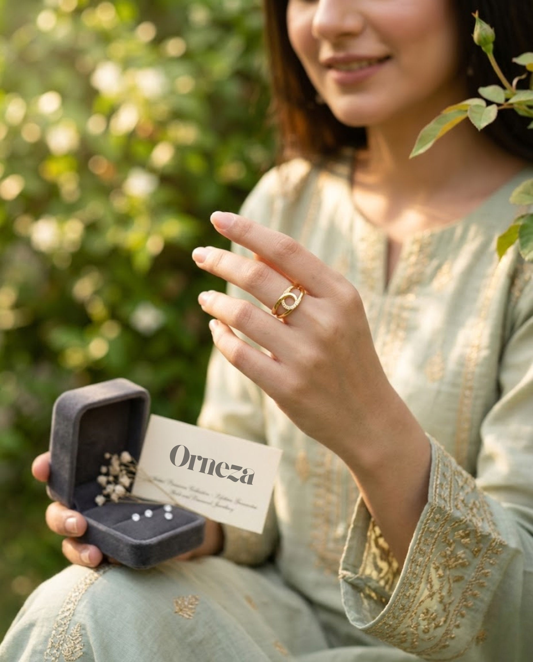 Orneza Gold Interlocking Circle Adjustable Crystal Ring