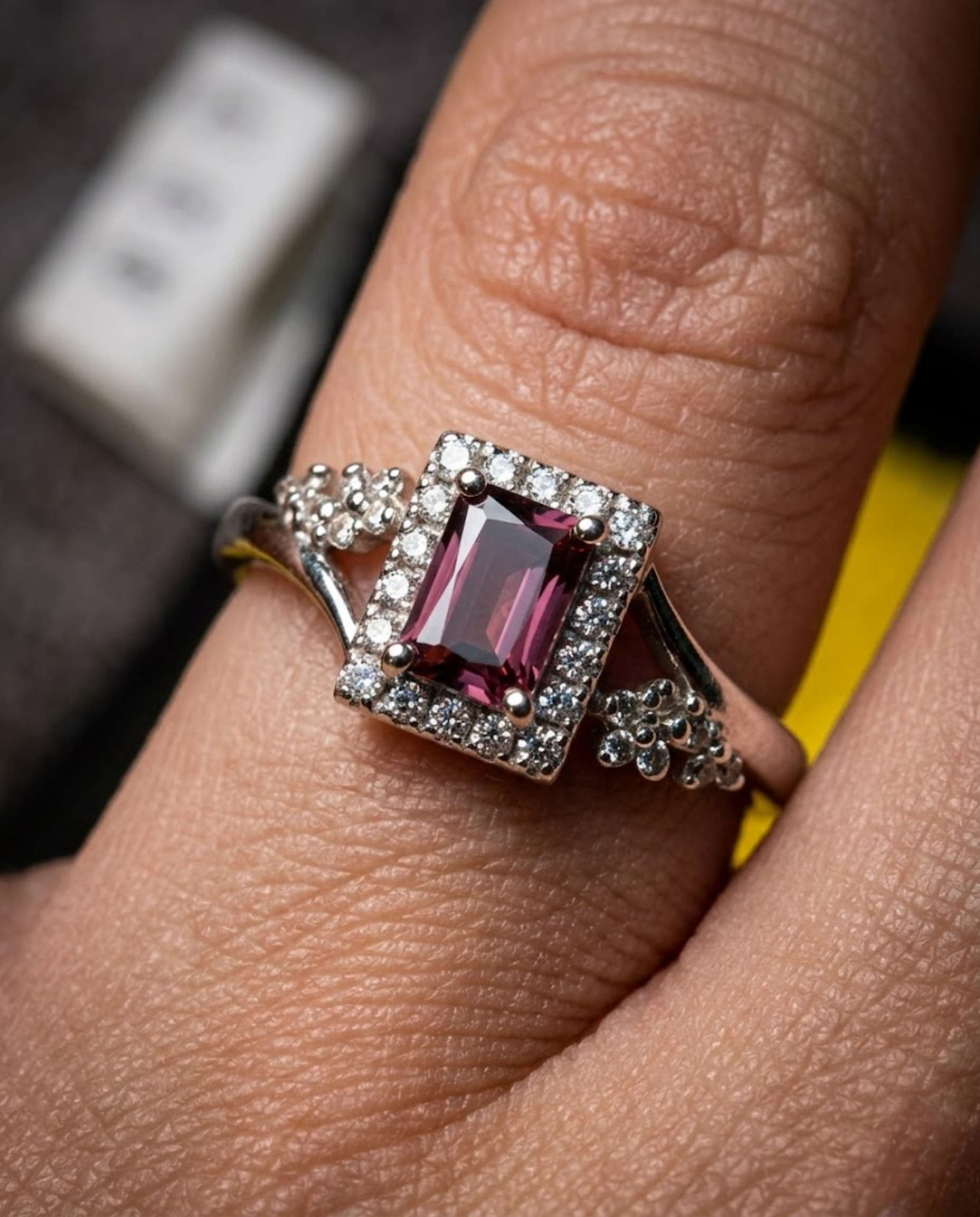 Orneza Emerald Cut Rhodolite Garnet Halo Ring in Silver