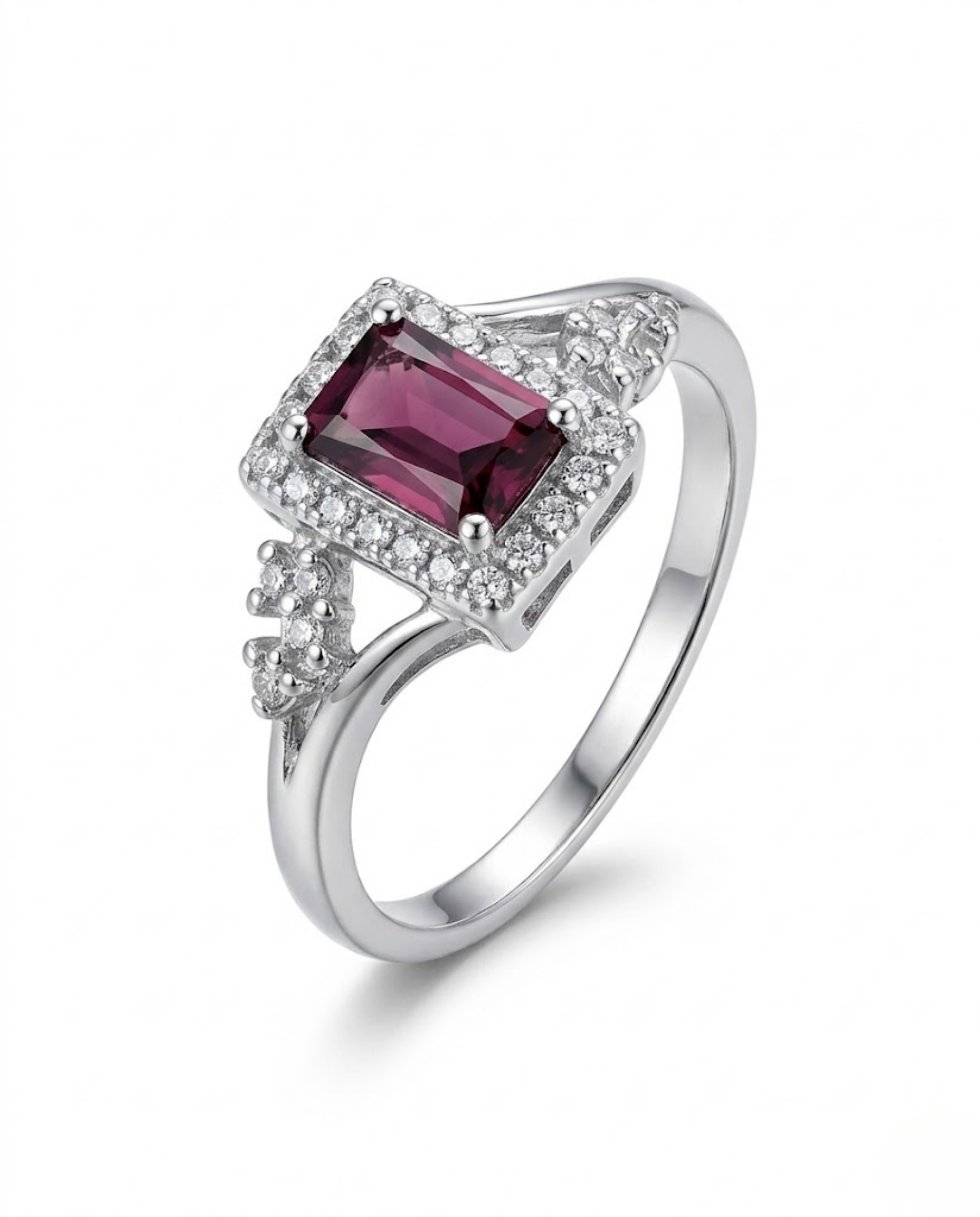 Orneza Emerald Cut Rhodolite Garnet Halo Ring in Silver