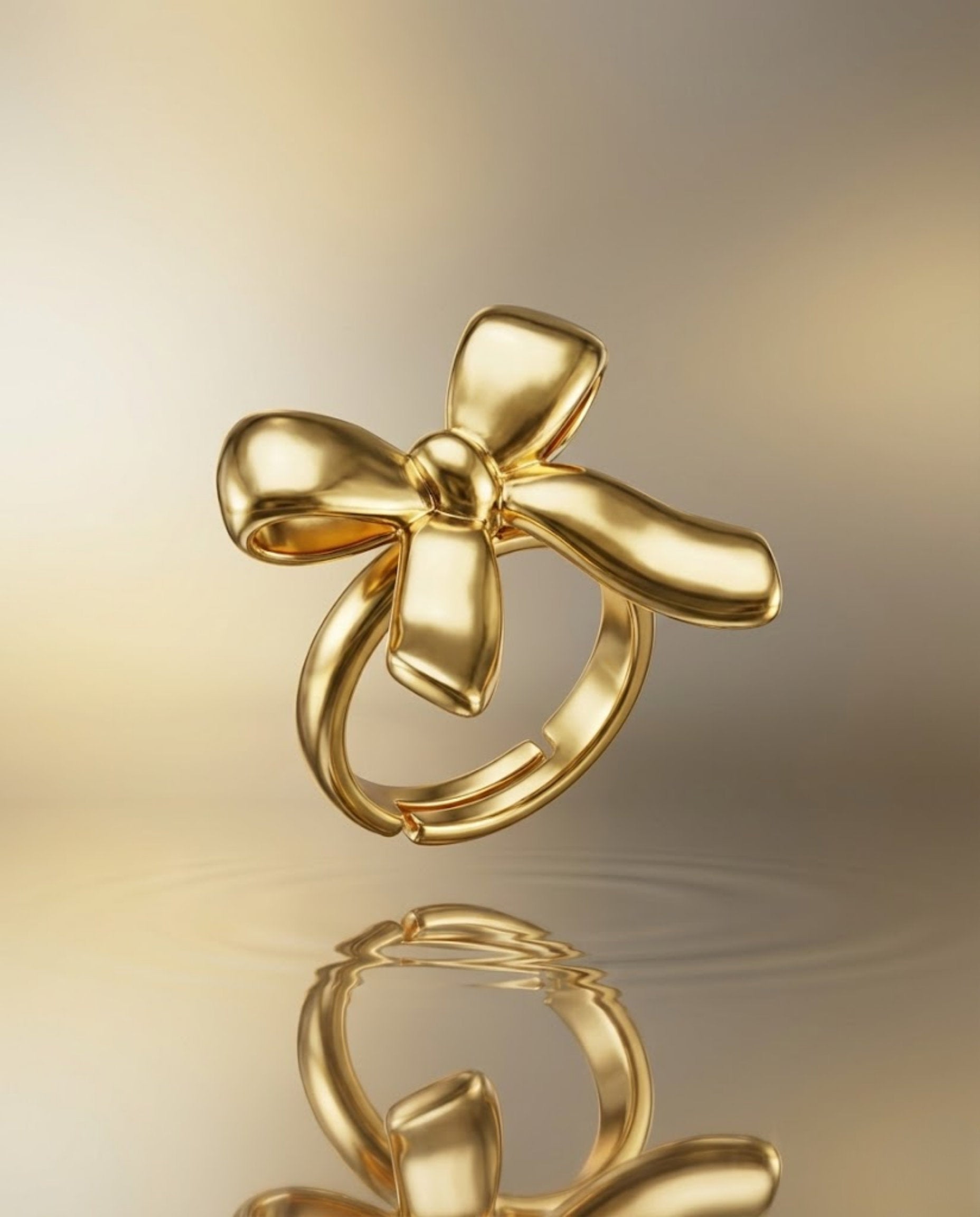 Orneza Gold Plated Sculptural Bow Adjustable Statement Ring