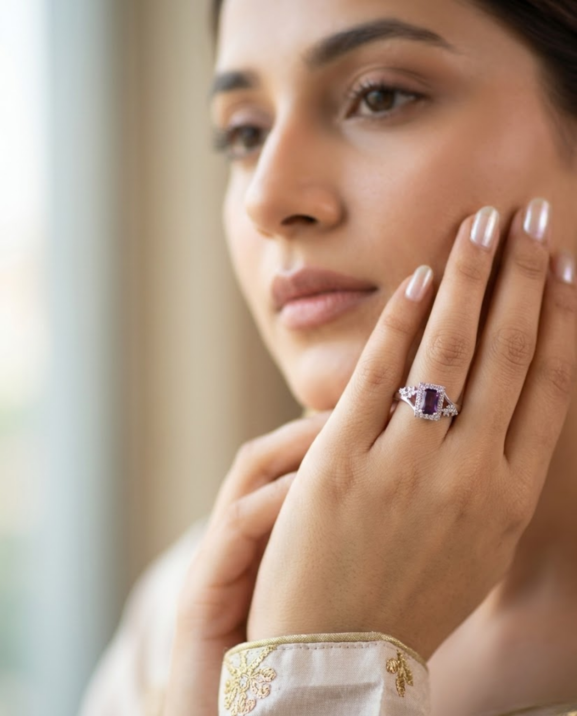 Orneza Emerald Cut Rhodolite Garnet Halo Ring in Silver
