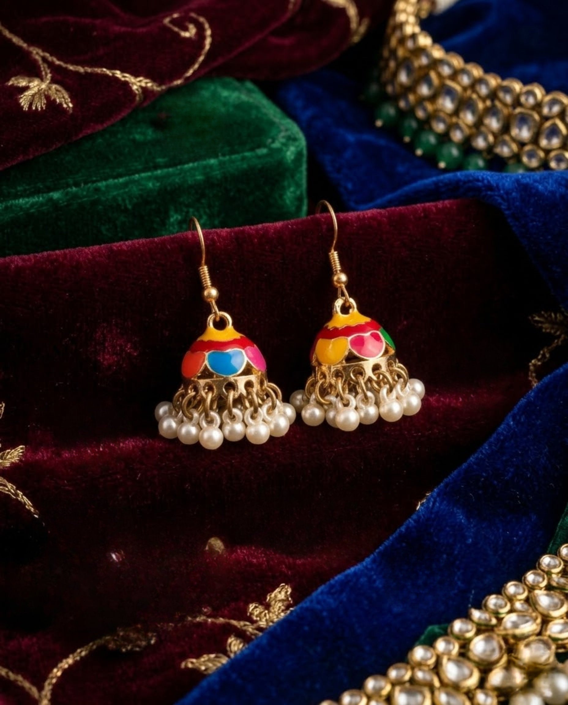 Orneza Multi-Color Scalloped Meenakari Jhumka Earrings