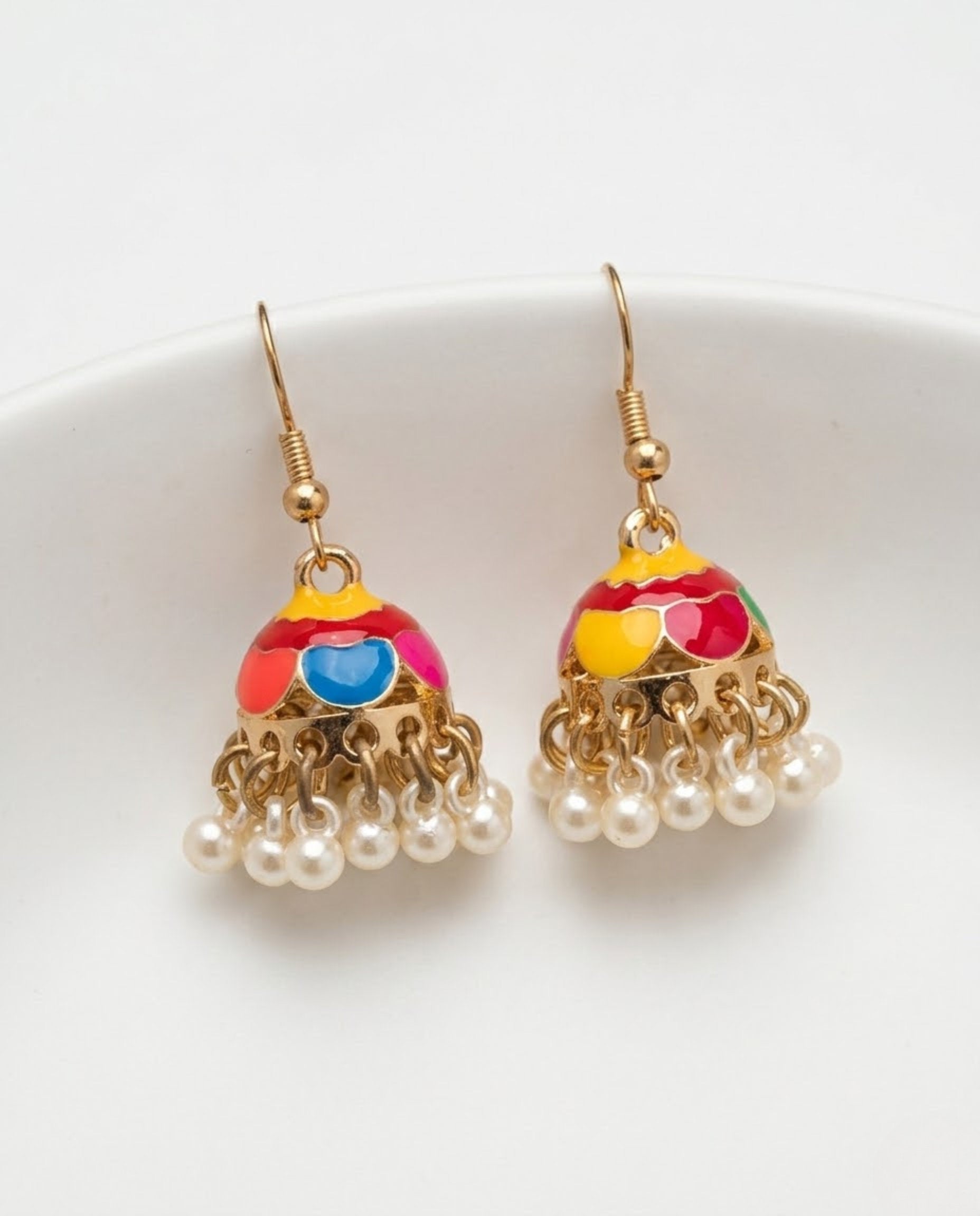 Orneza Multi-Color Scalloped Meenakari Jhumka Earrings