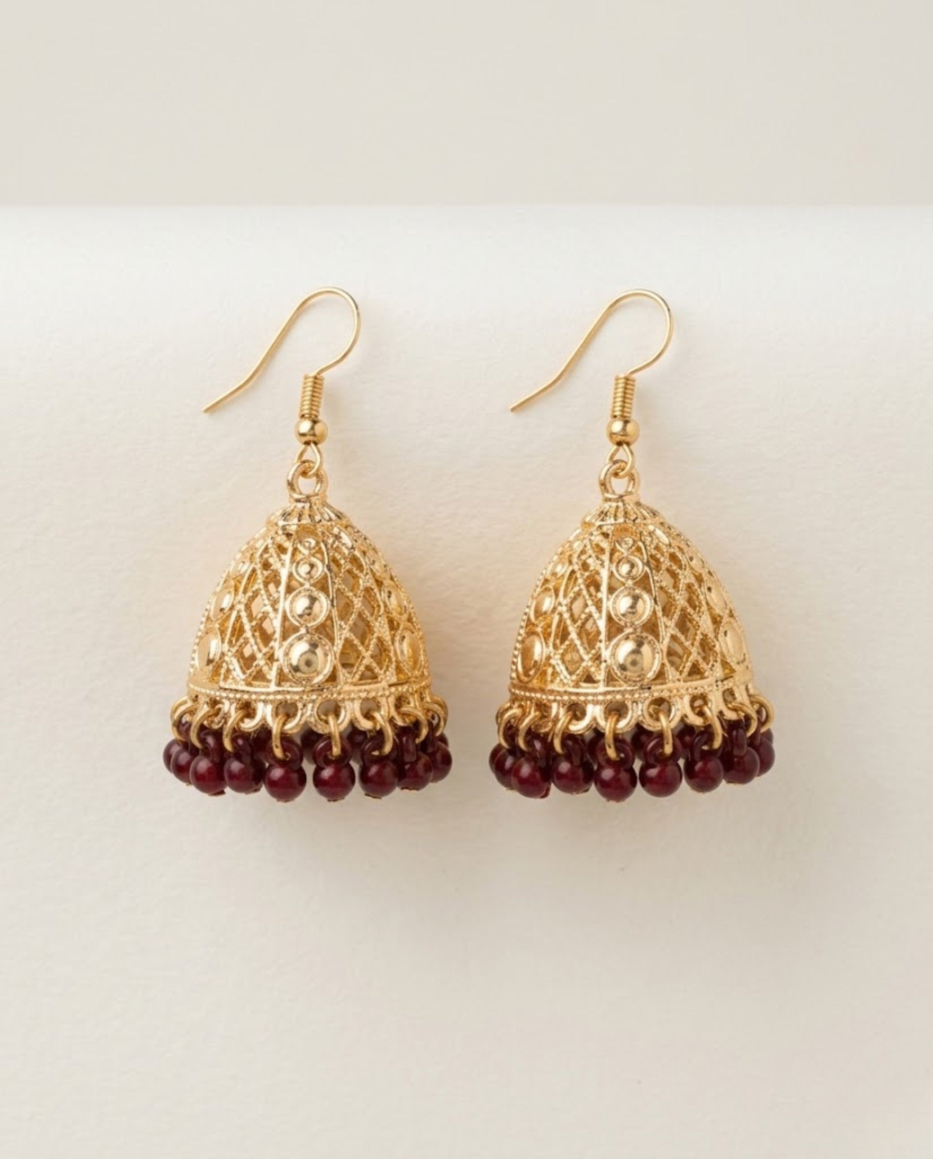 Orneza Gold Filigree Jhumka Earrings with Ruby Red Beads
