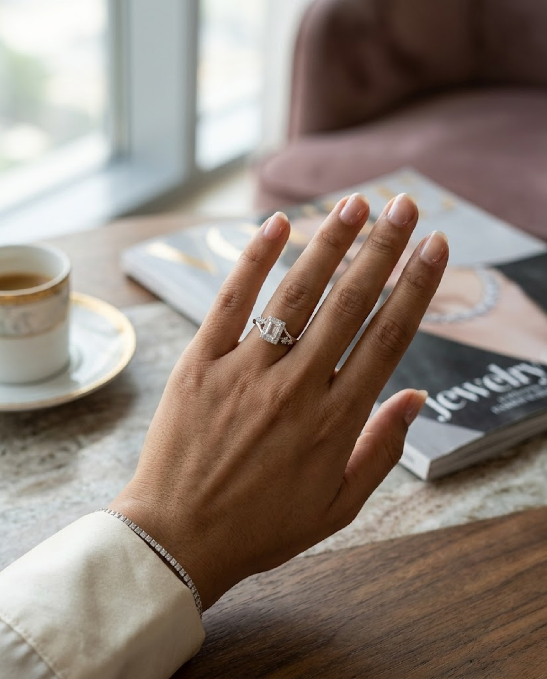 Orneza Emerald Cut Zirconia Halo Ring in Silver