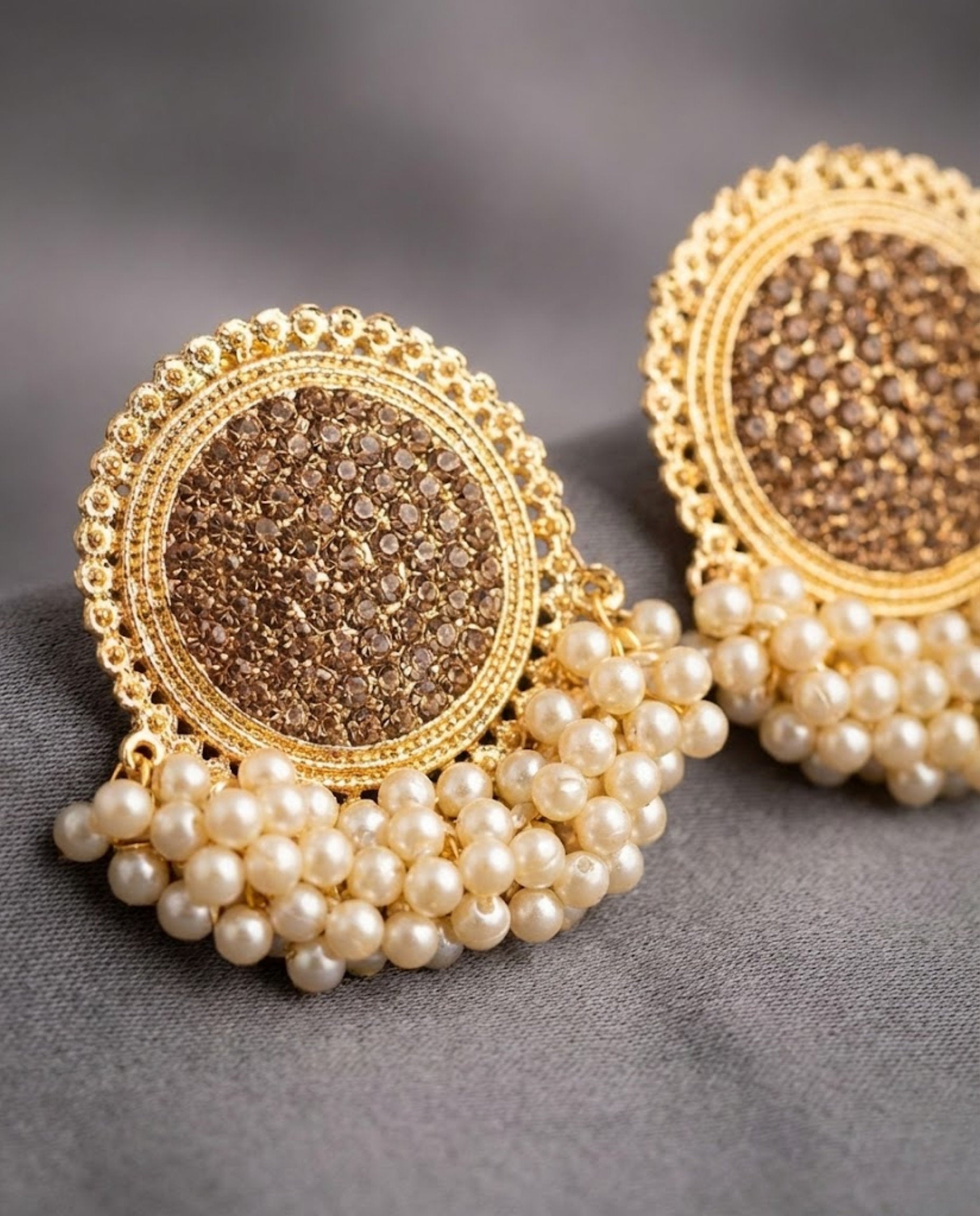 Antique Gold Crystal Stud Earrings with Cream Pearl Drops