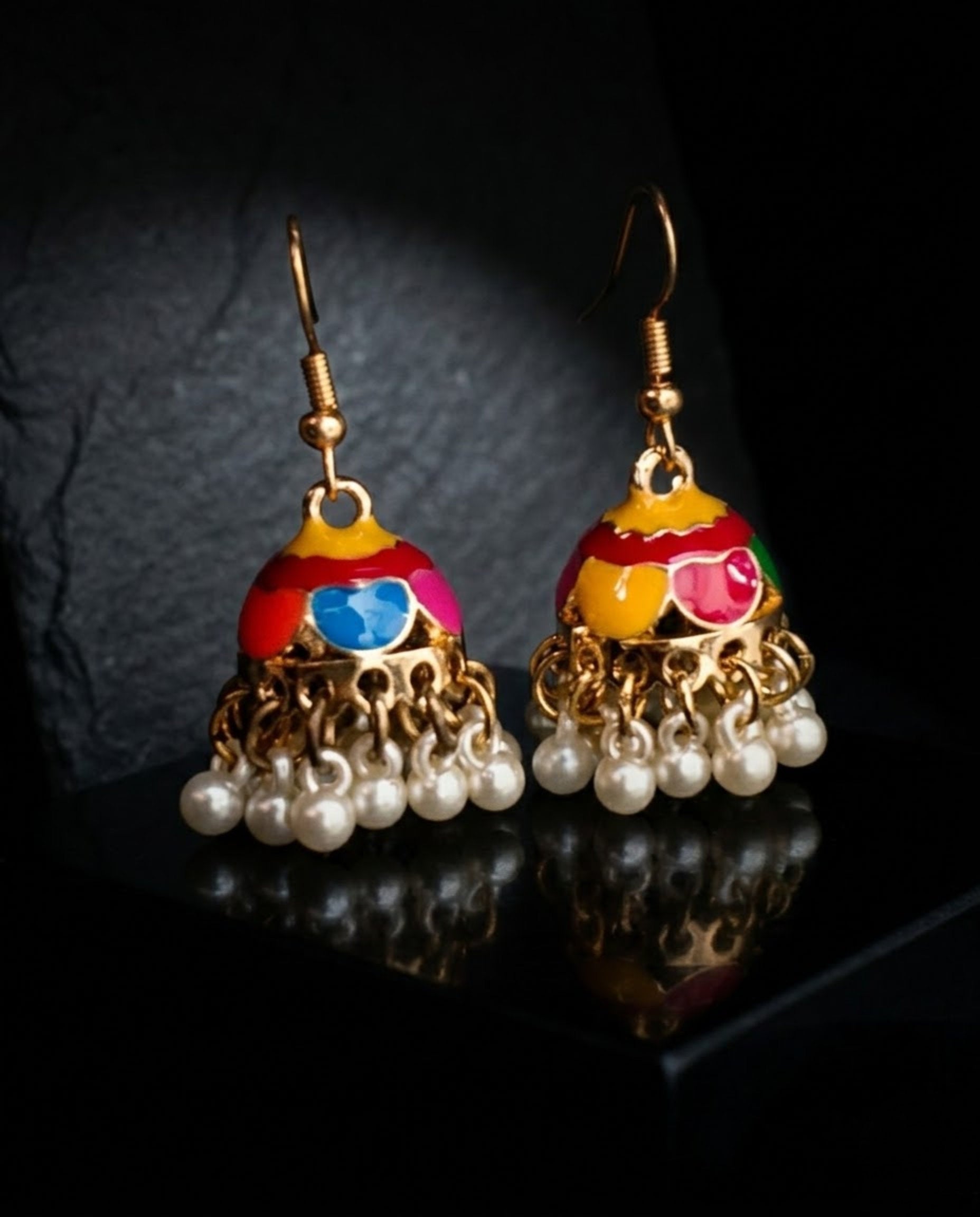 Orneza Multi-Color Scalloped Meenakari Jhumka Earrings