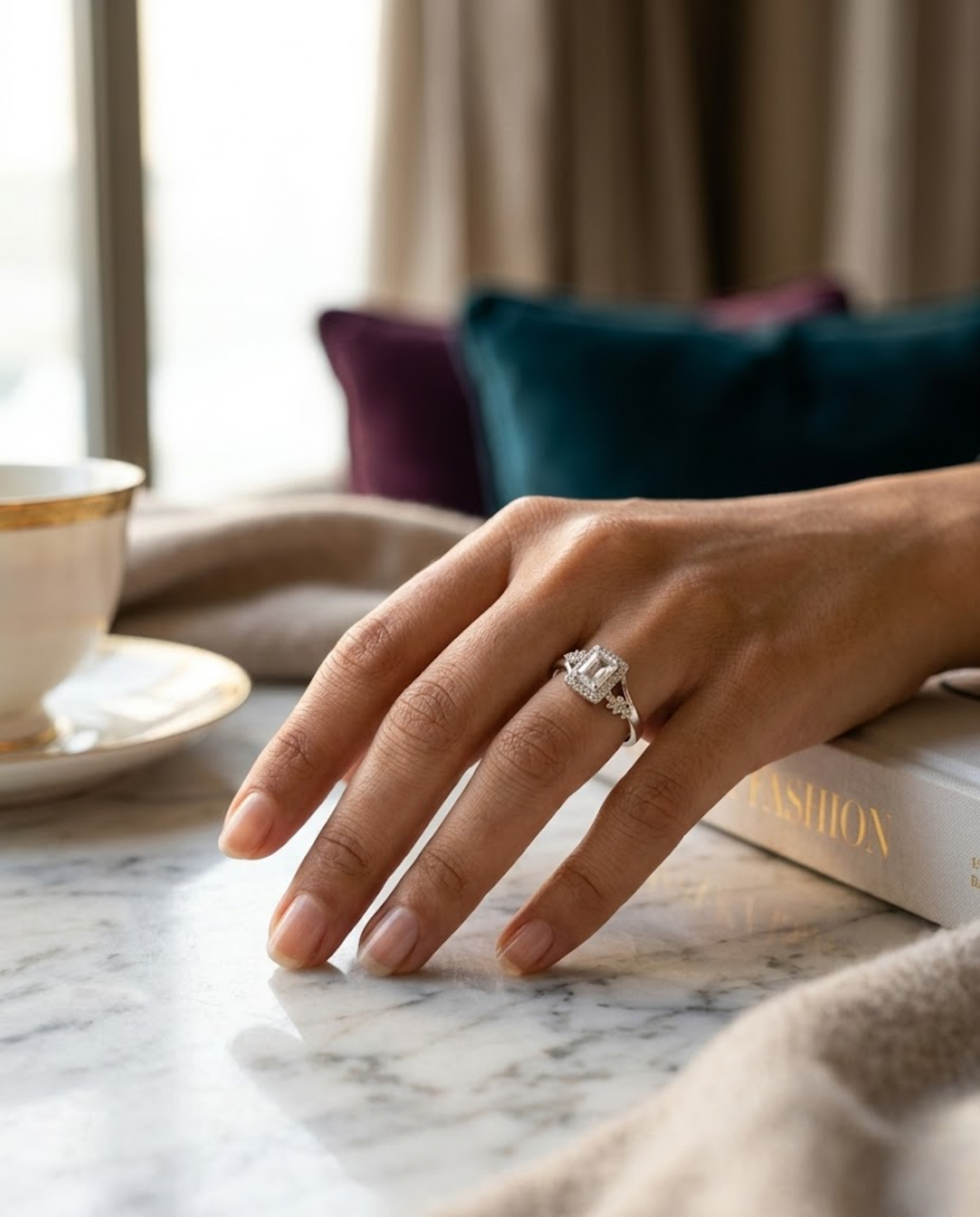 Orneza Emerald Cut Zirconia Halo Ring in Silver
