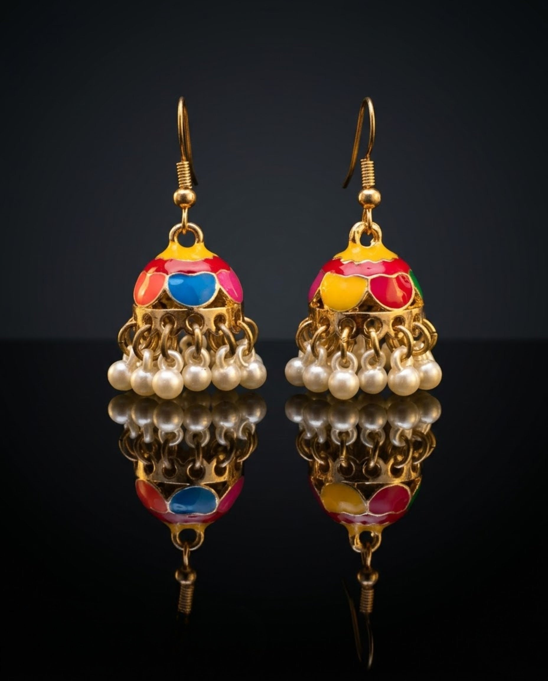 Orneza Multi-Color Scalloped Meenakari Jhumka Earrings