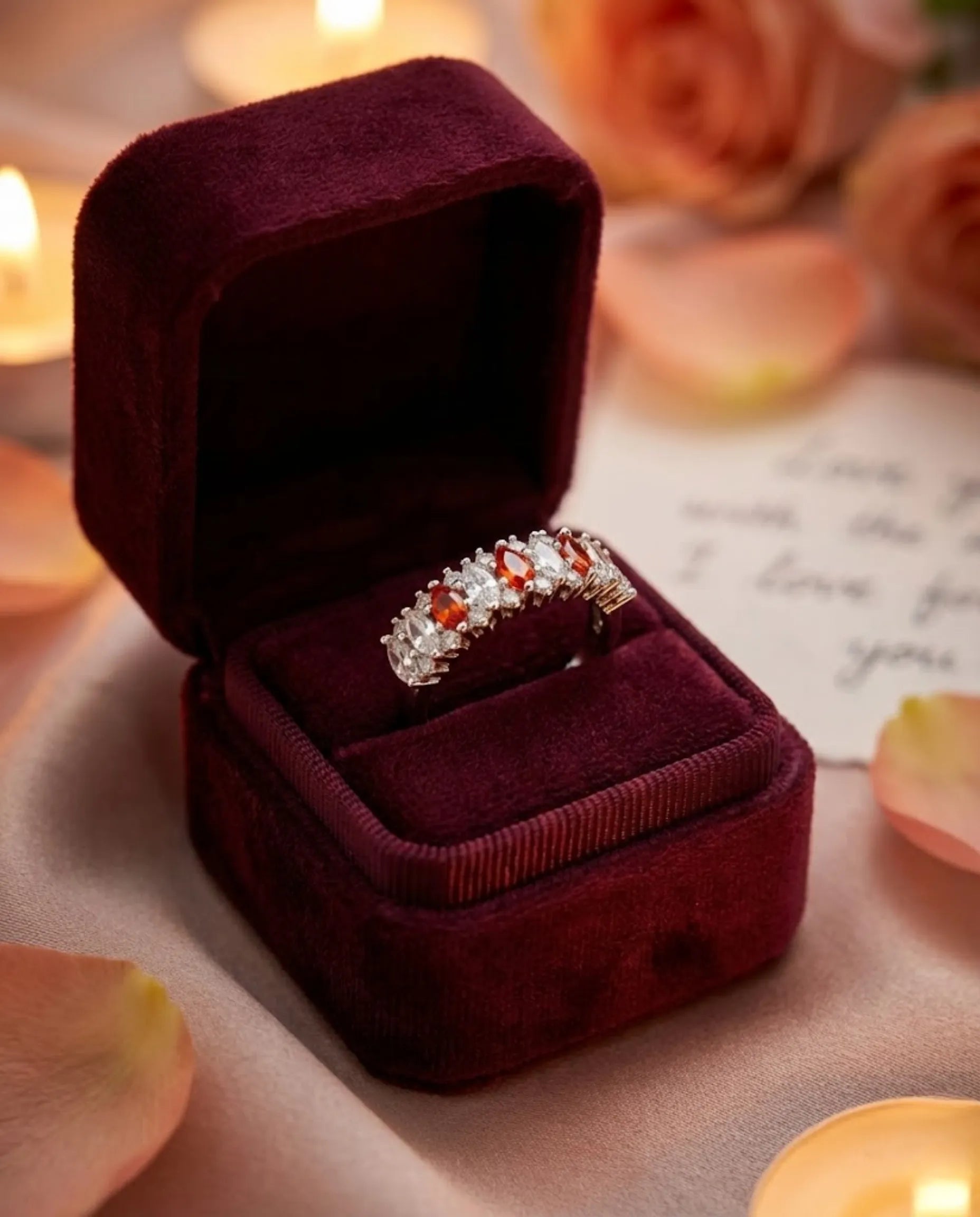 Orneza Marquise Garnet & Crystal Silver Eternity Ring