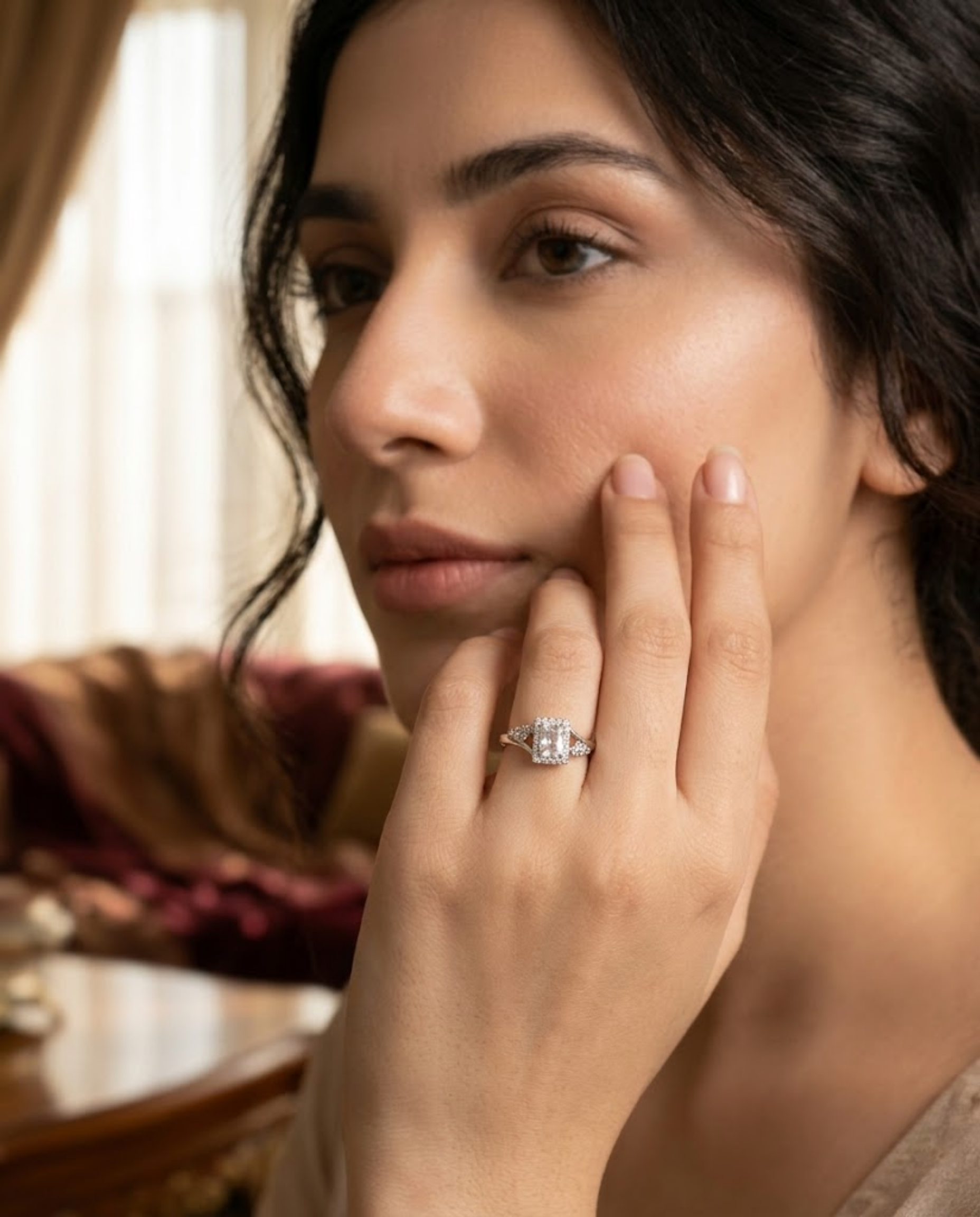 Orneza Emerald Cut Zirconia Halo Ring in Silver