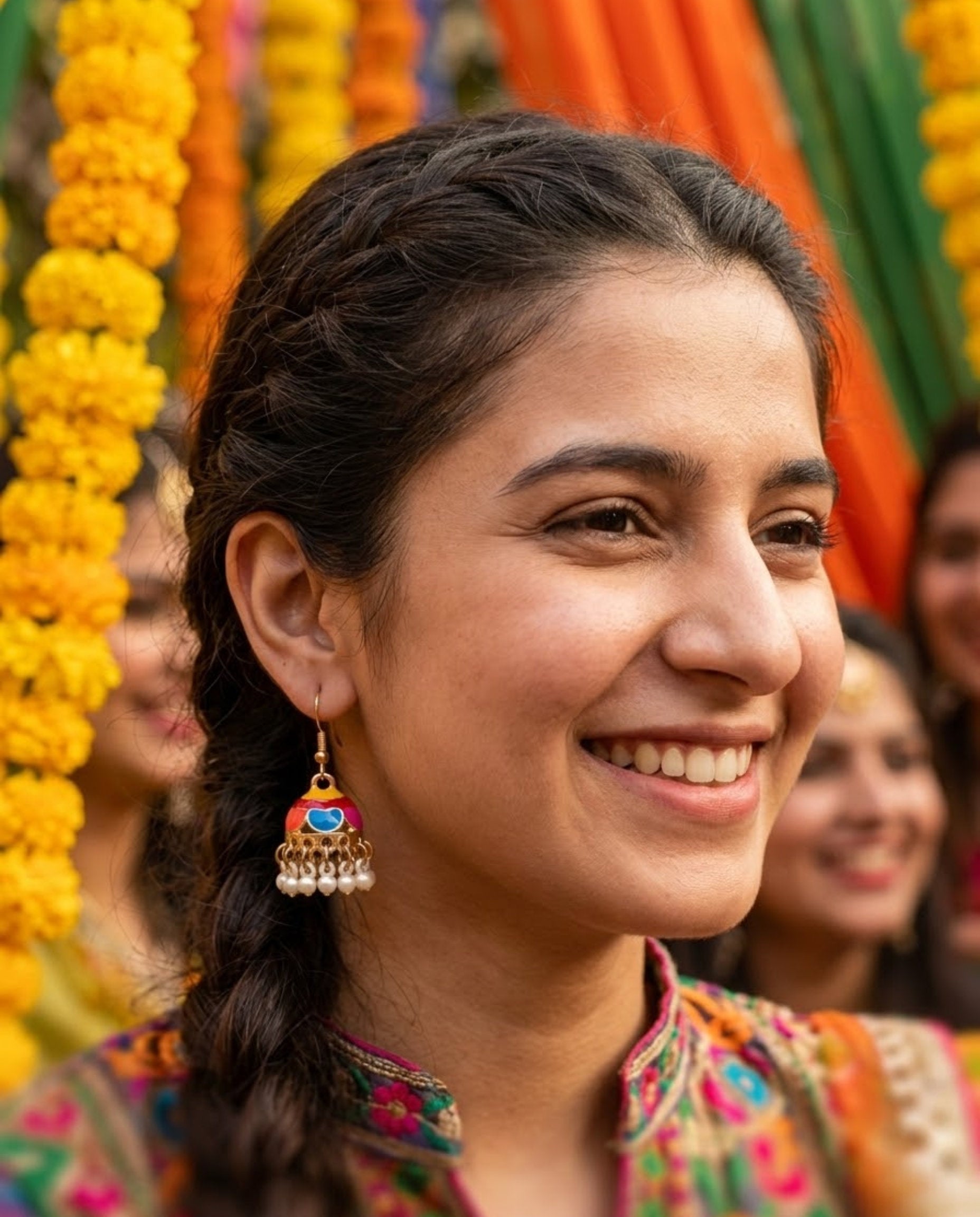 Orneza Multi-Color Scalloped Meenakari Jhumka Earrings