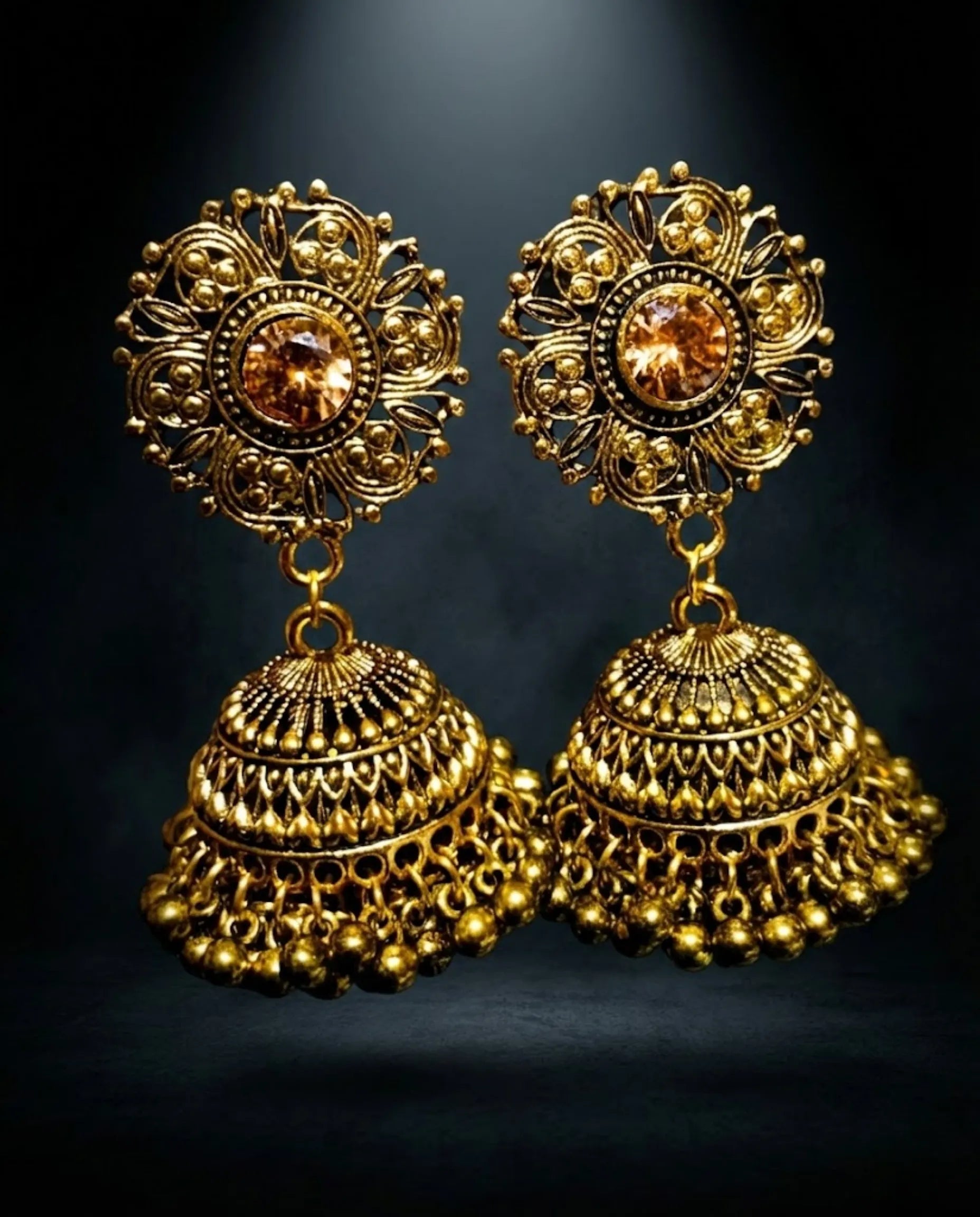Antique Gold Crystal Jhumka Earrings by Orneza