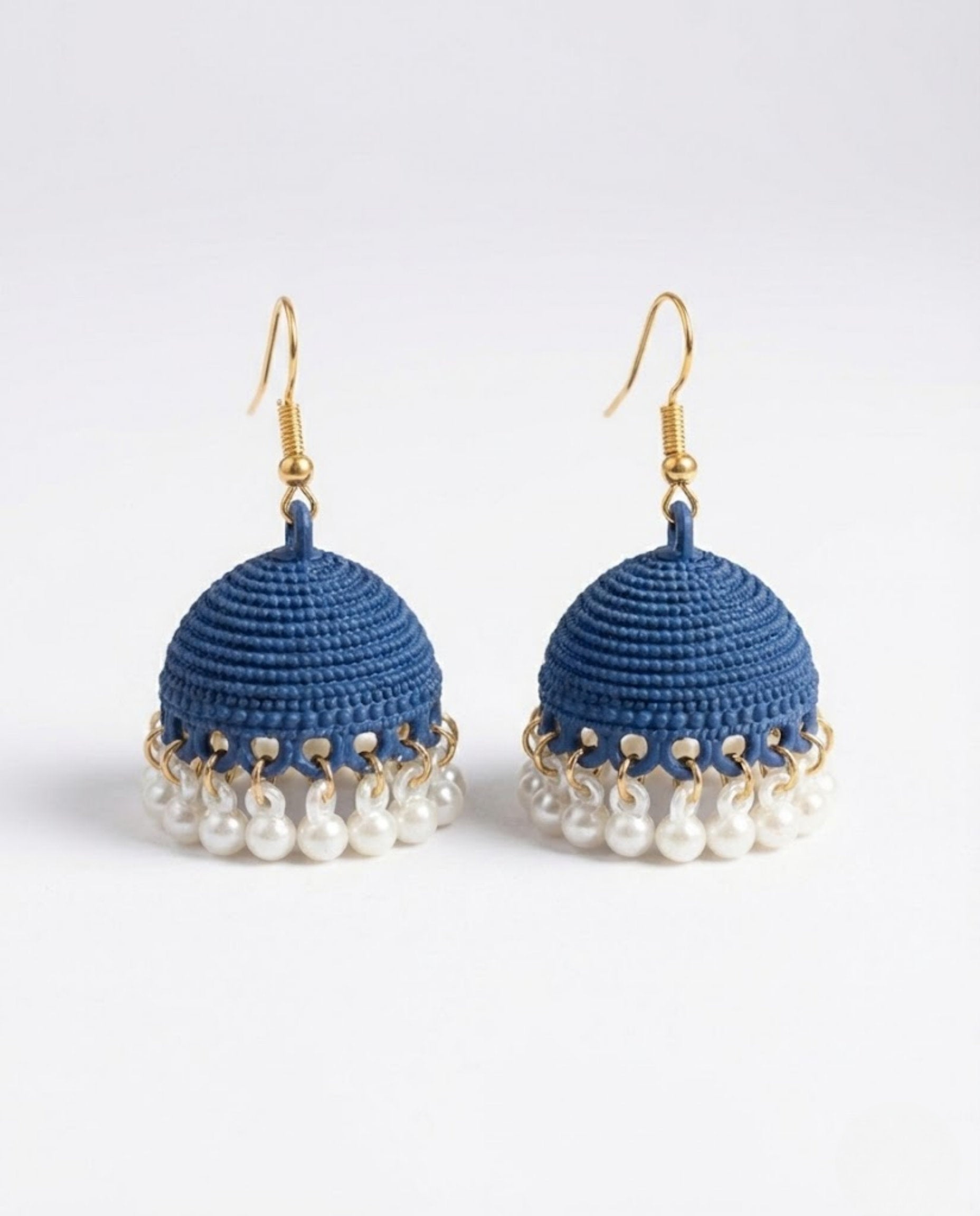 Navy Blue Textured Jhumka Earrings with Pearl Droplets