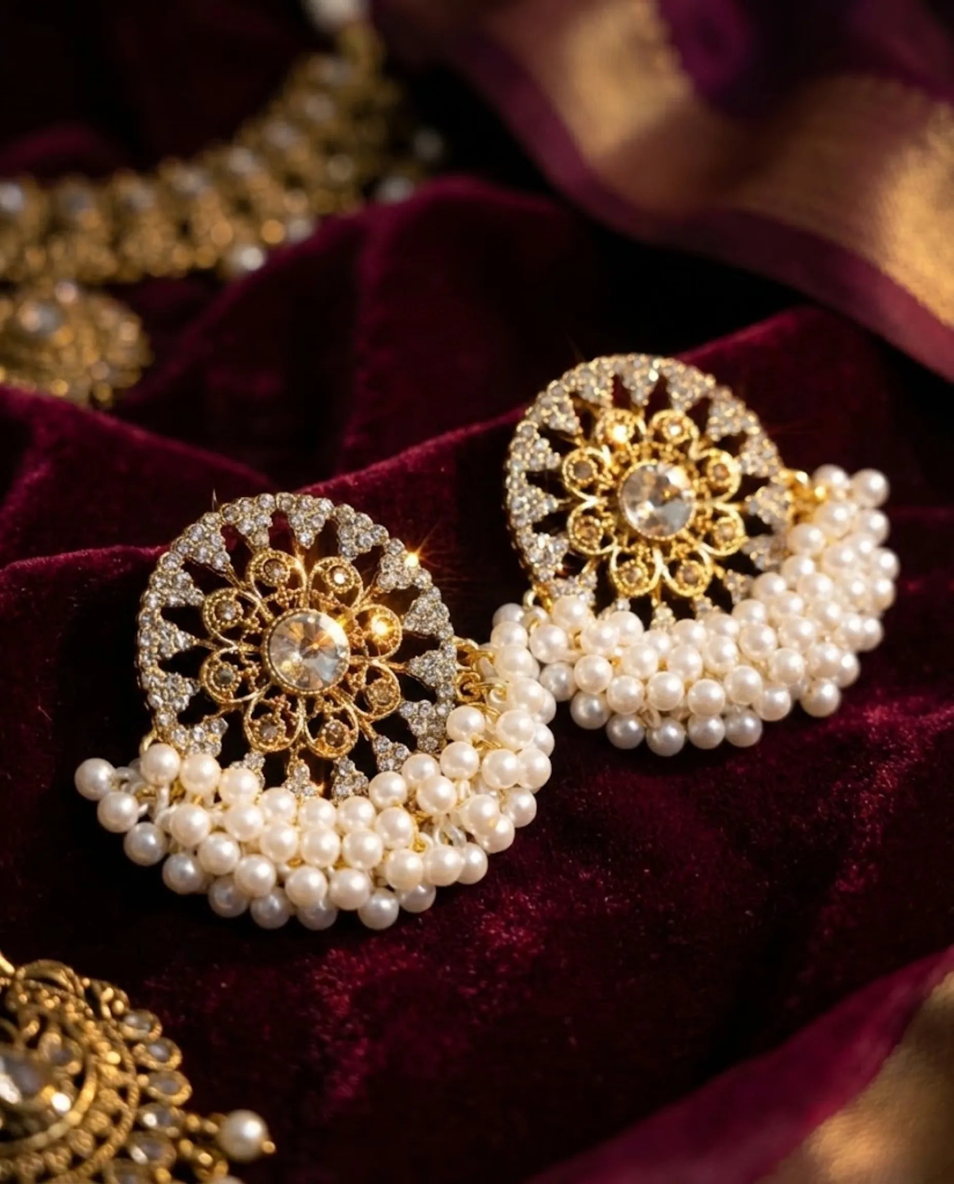 Orneza Pearl Encrusted Gold Chandbali Statement Earrings