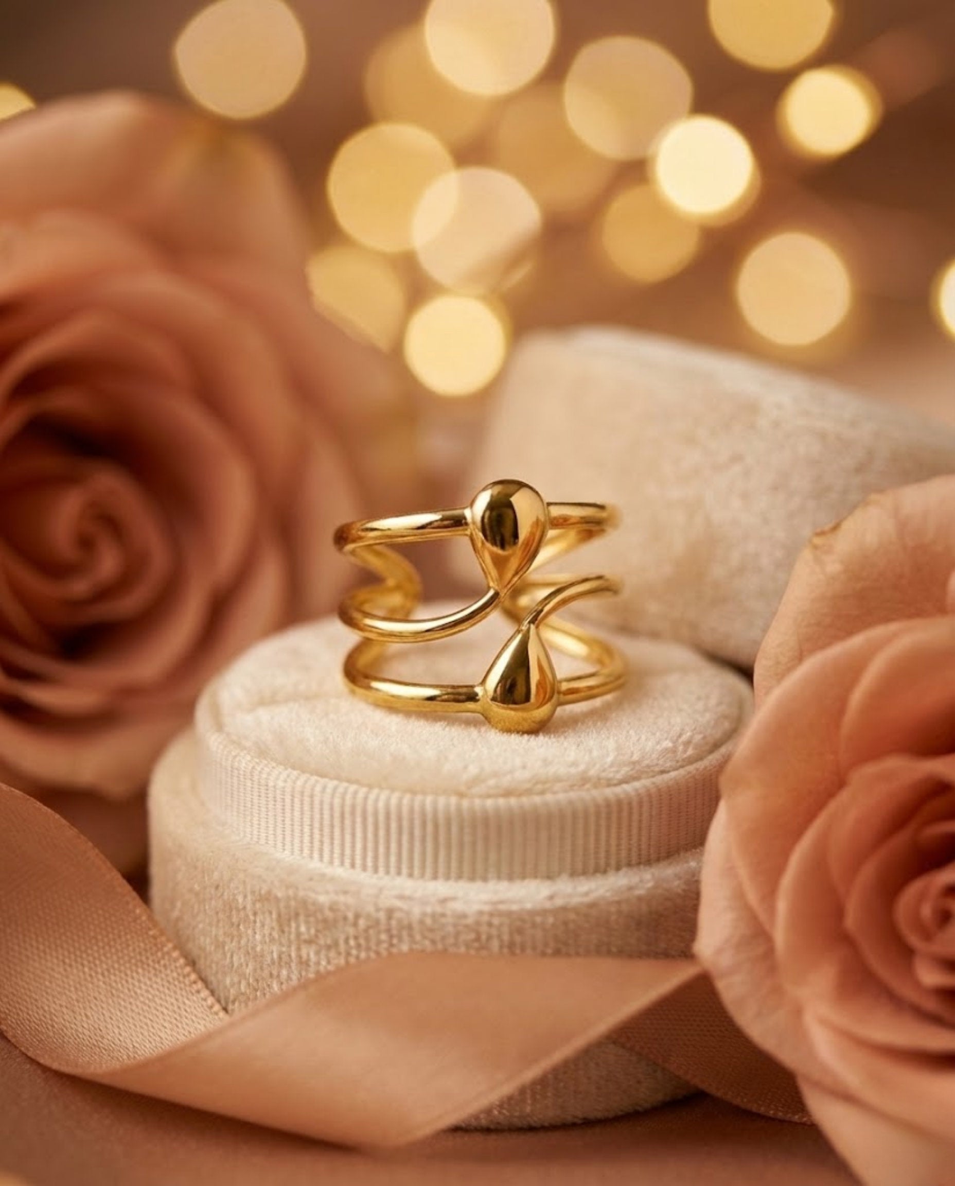 Orneza Gold Plated Twin Teardrop Triple Band Statement Ring