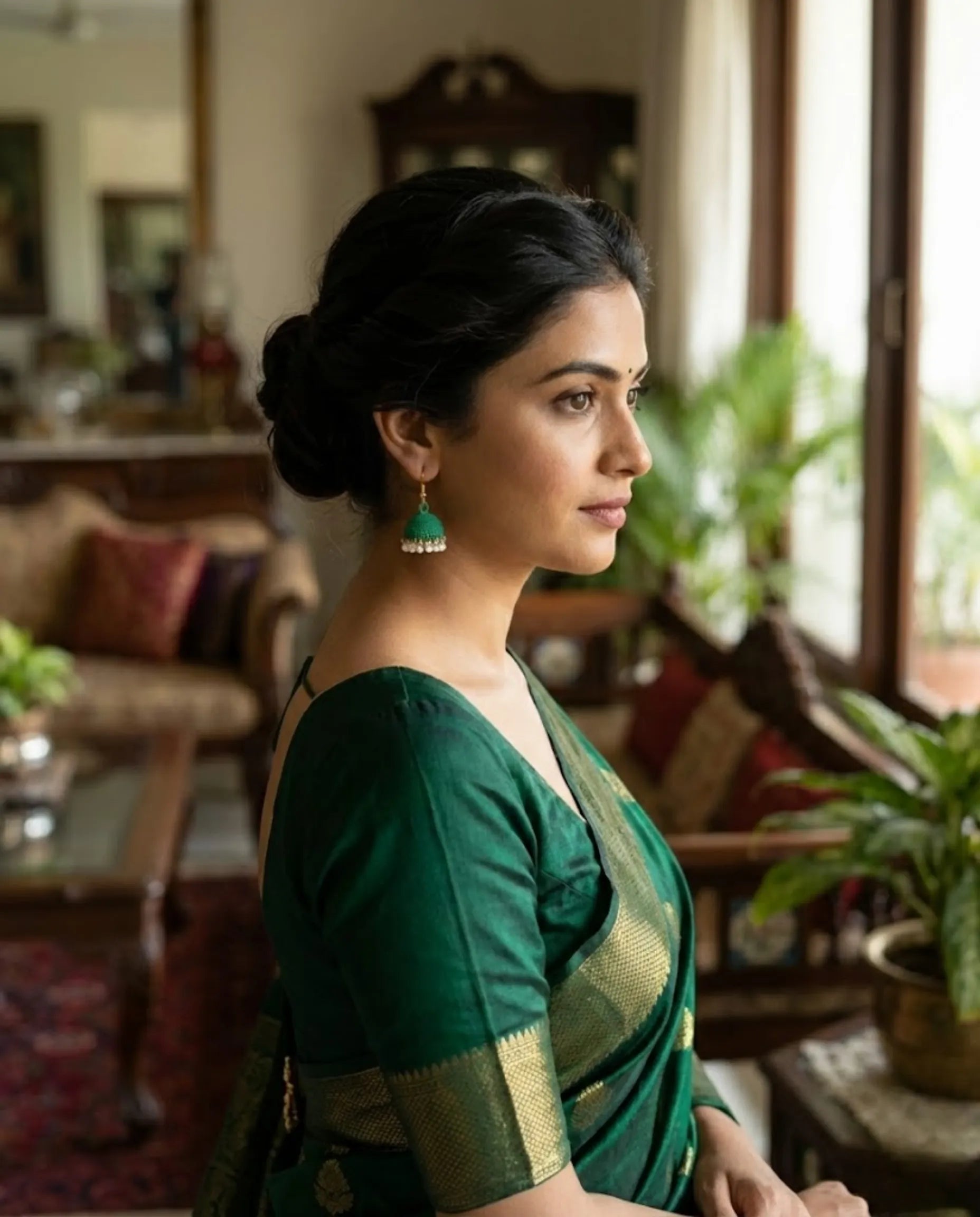 Orneza Emerald Green Textured Jhumka Earrings with Pearls