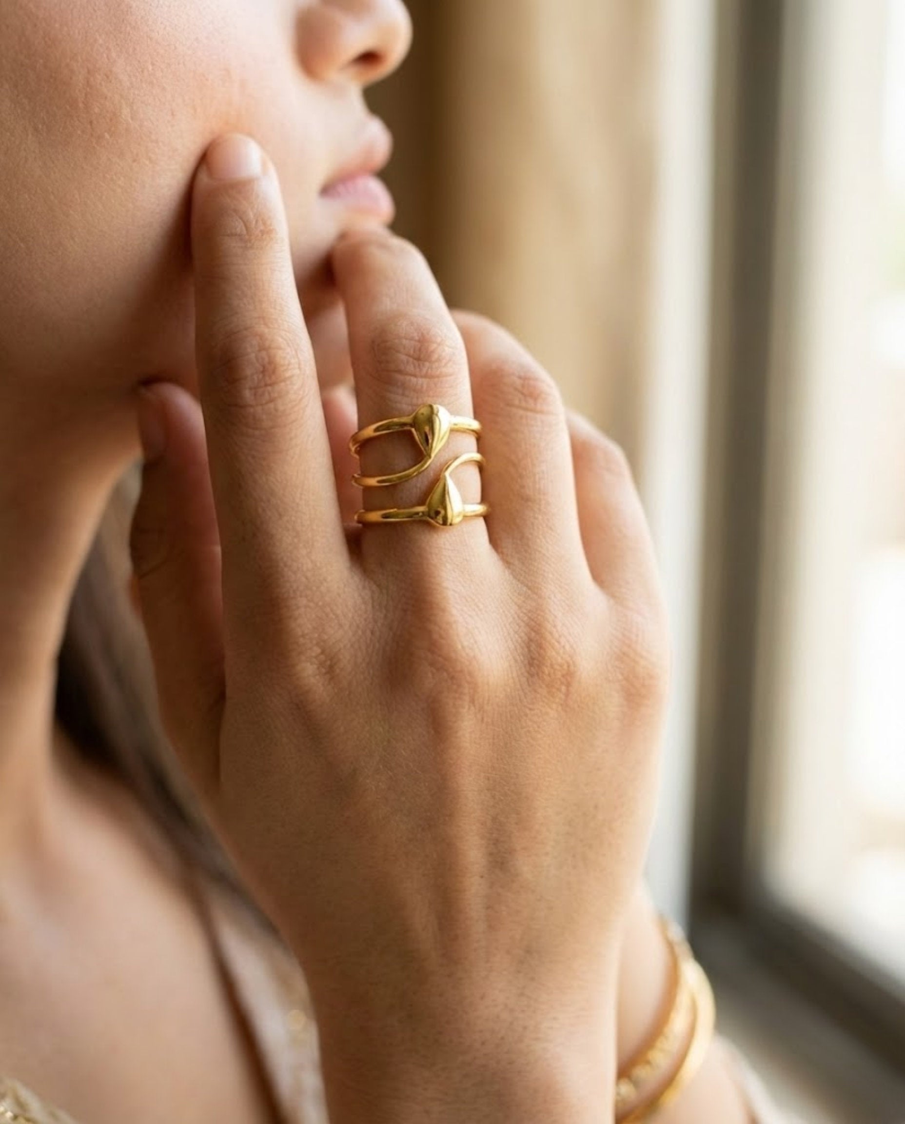 Orneza Gold Plated Twin Teardrop Triple Band Statement Ring