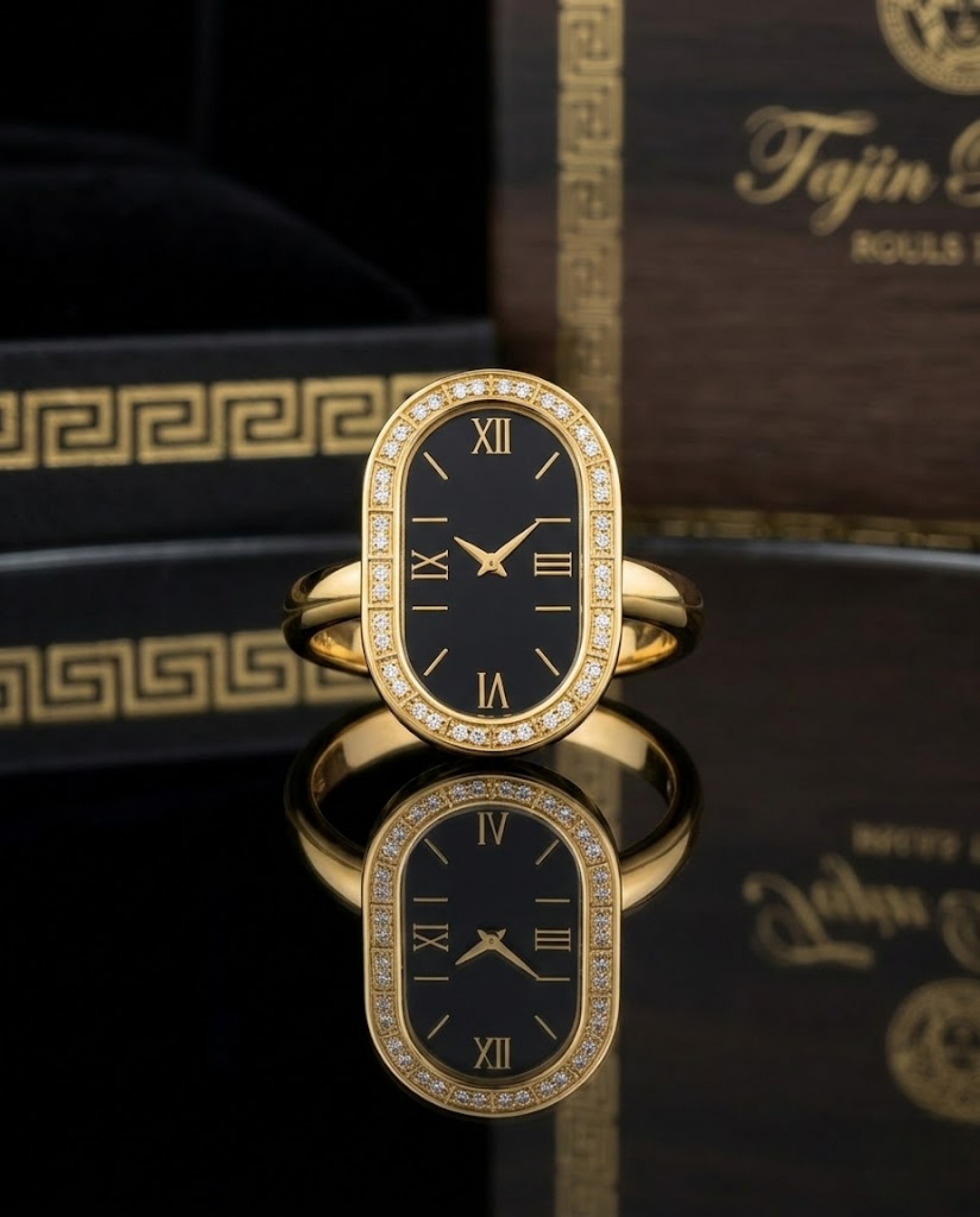 Orneza Vintage Roman Numeral Gold Watch Ring with Black Dial