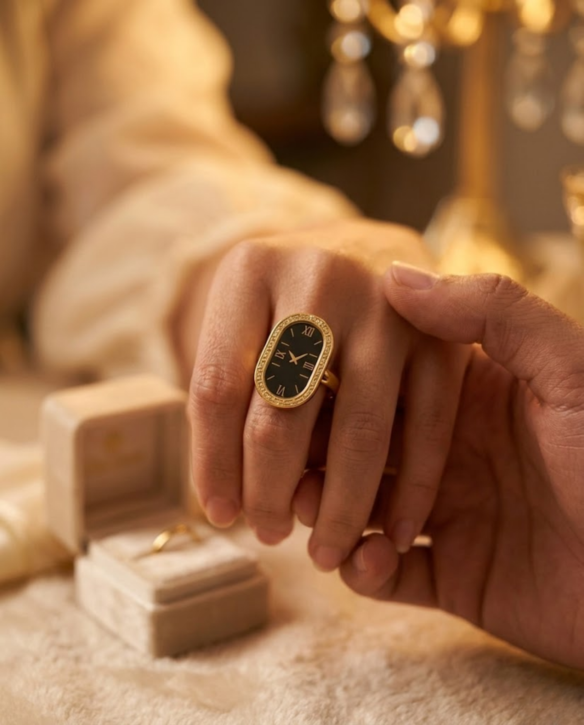 Orneza Vintage Roman Numeral Gold Watch Ring with Black Dial